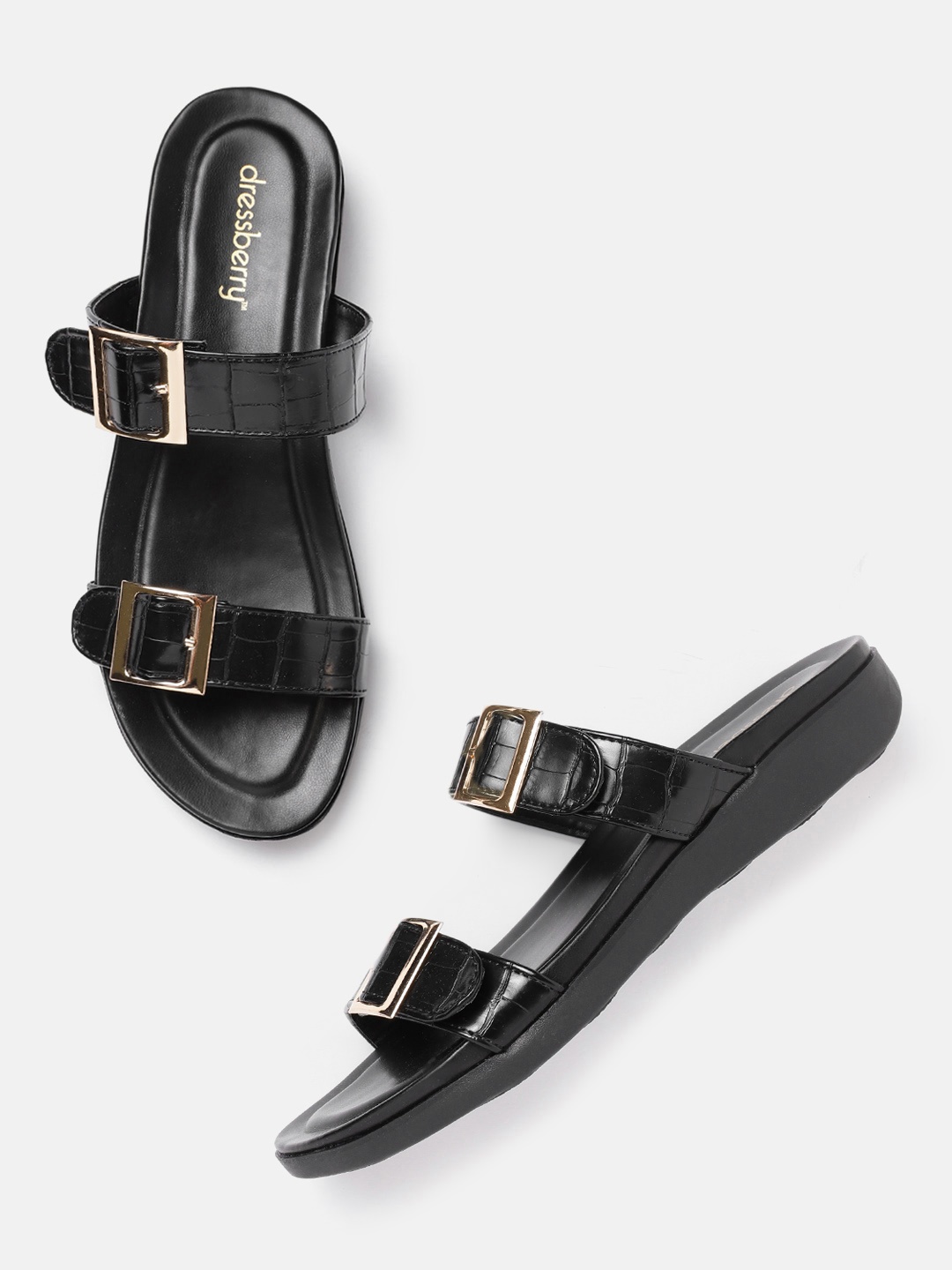 

DressBerry Women Black Croc Textured Open Toe Flats with Buckle Detail