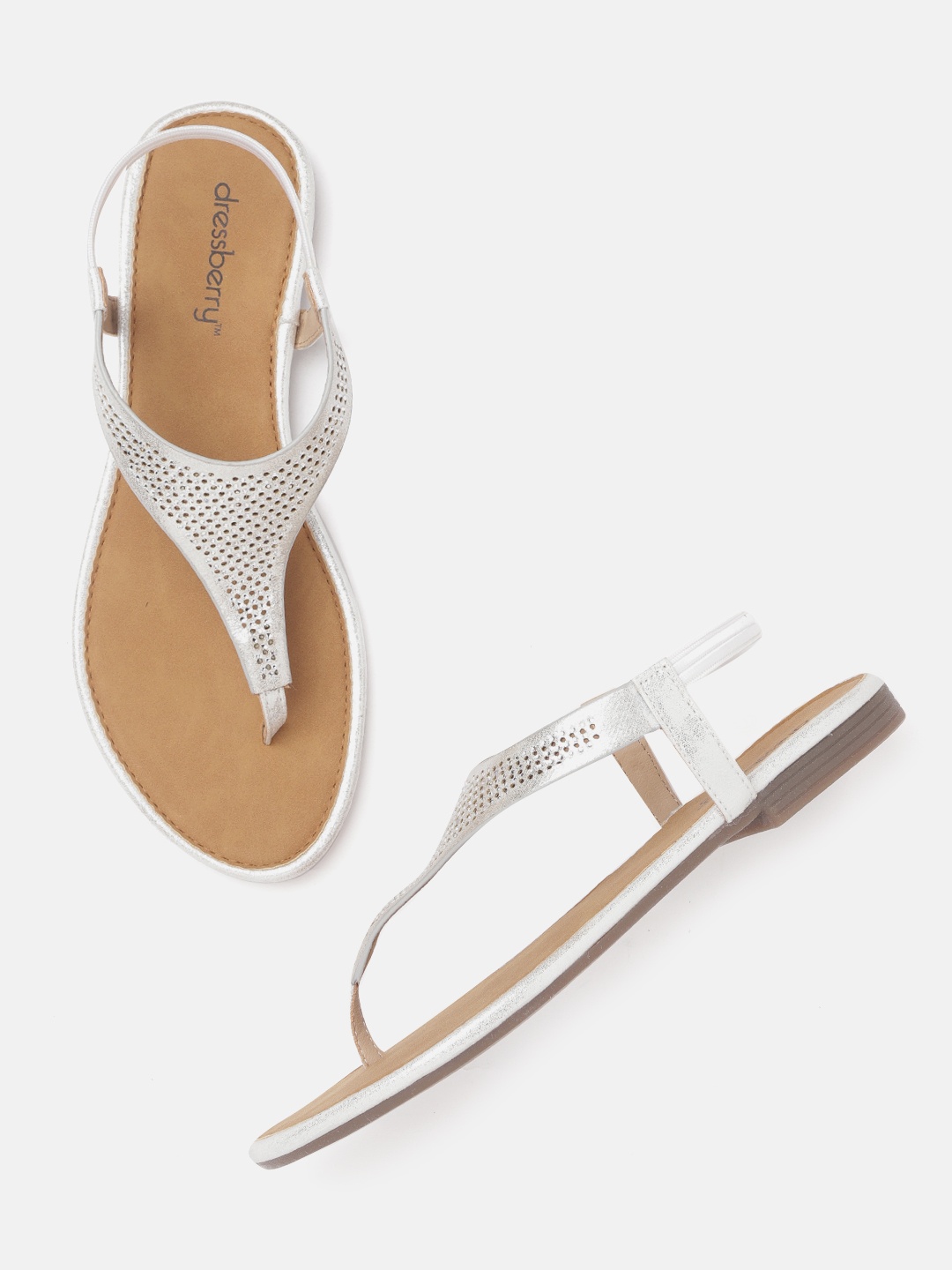 

DressBerry Women Silver-Toned Embellished & Perforated Open Toe Flats