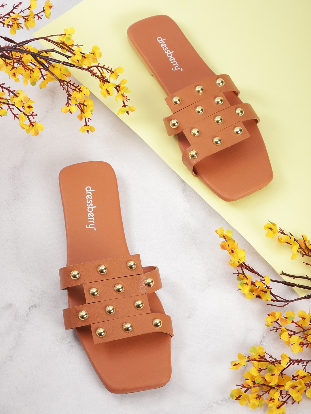 

DressBerry Women Tan Brown Embellished Open Toe Flats