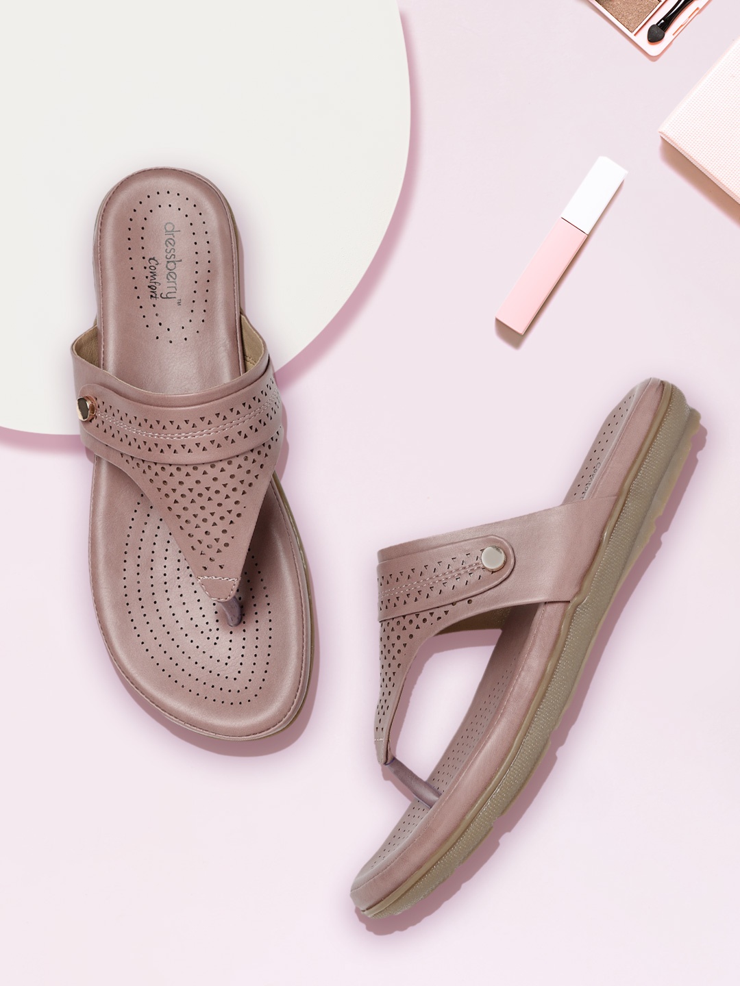 

DressBerry Women Dusty Rose Pink Laser-Cuts T-Strap Flats
