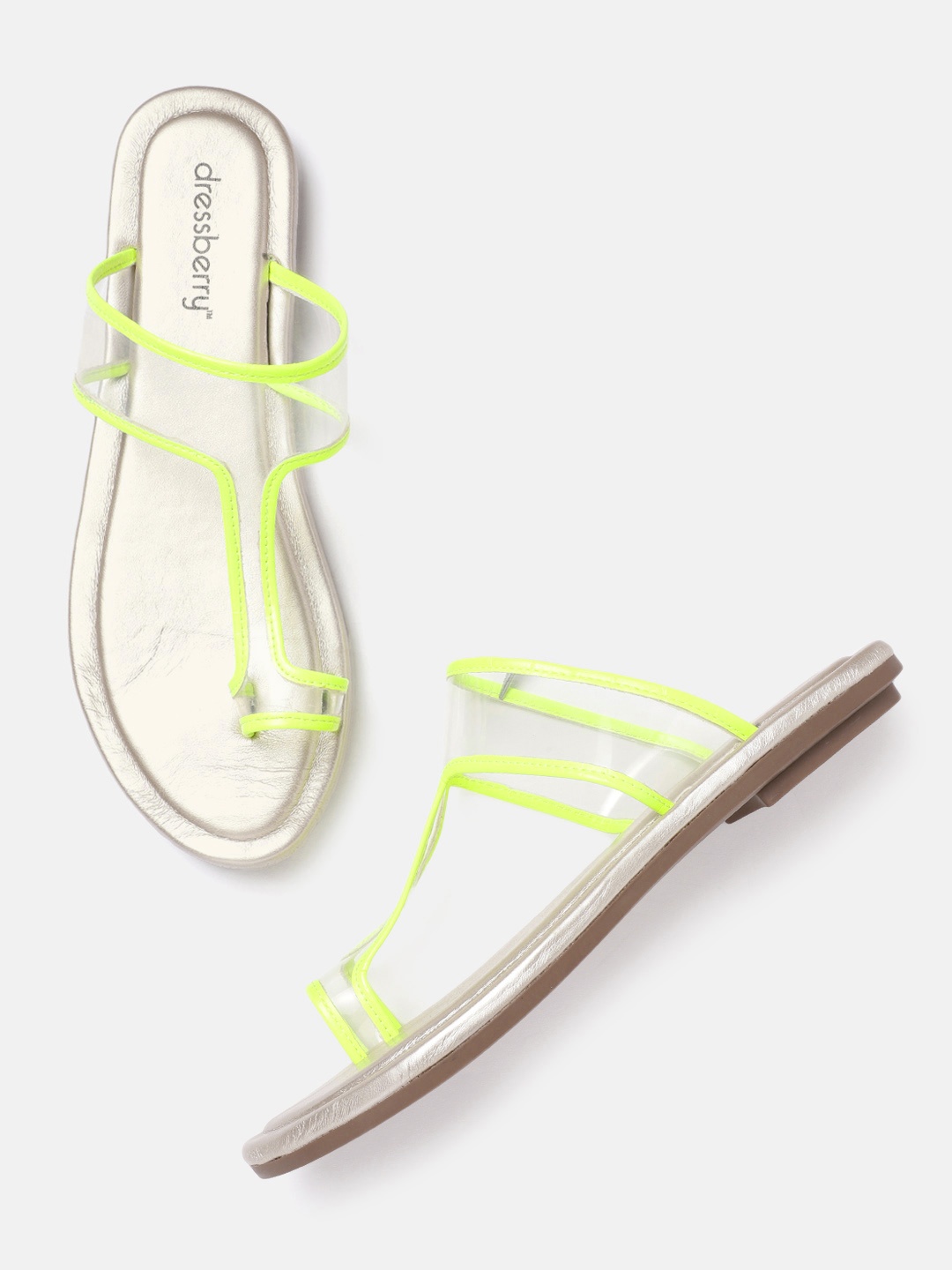 

DressBerry Women Transparent & fluorescent Green Solid One Toe Flats