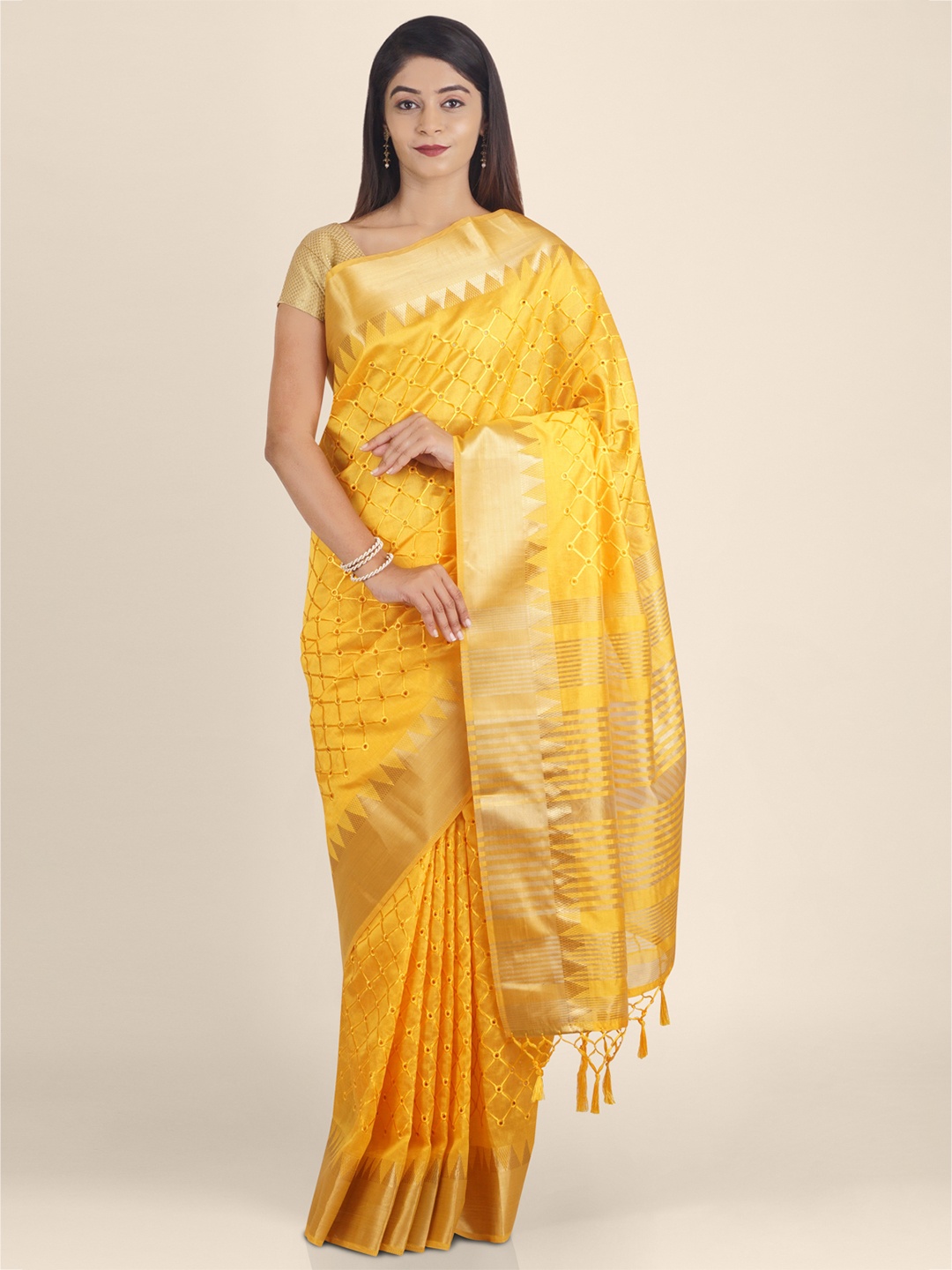 

KAJREE Yellow Woven Design Silk Blend Saree