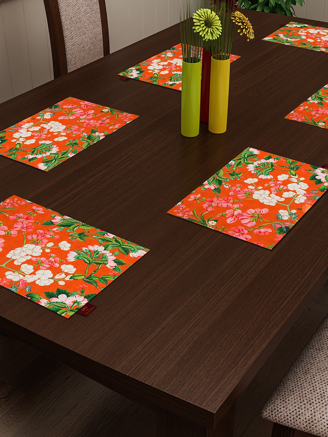 

SEJ by Nisha Gupta Orange Set of 4 Floral Print Table Mats
