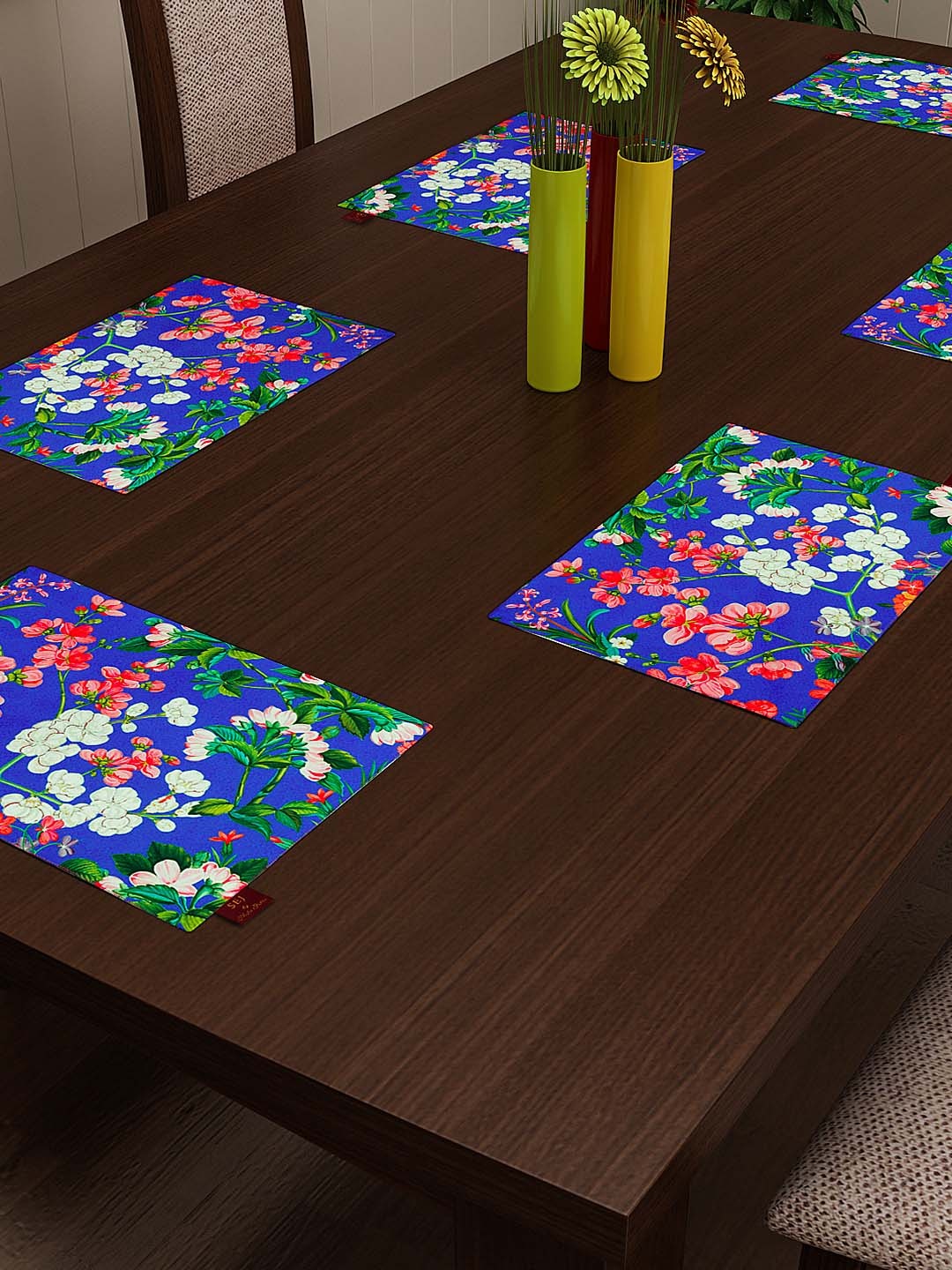 

SEJ by Nisha Gupta Blue Set of 6 Floral Print Table Mats