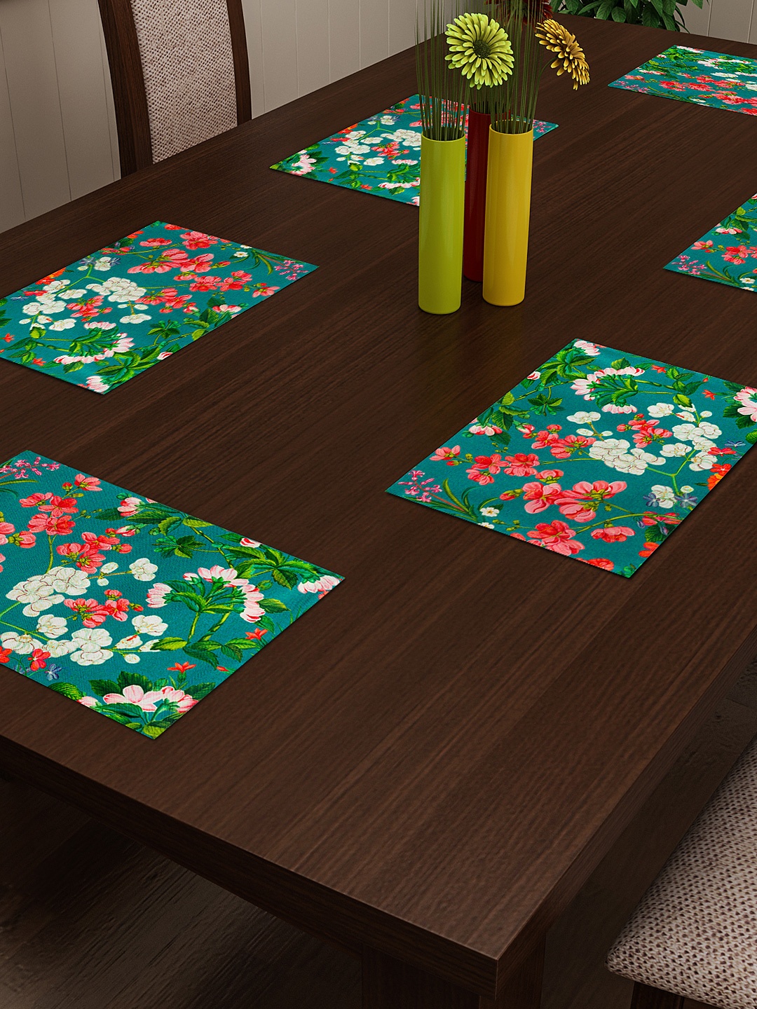 

SEJ by Nisha Gupta Green Set of 6 Floral Print Table Mats