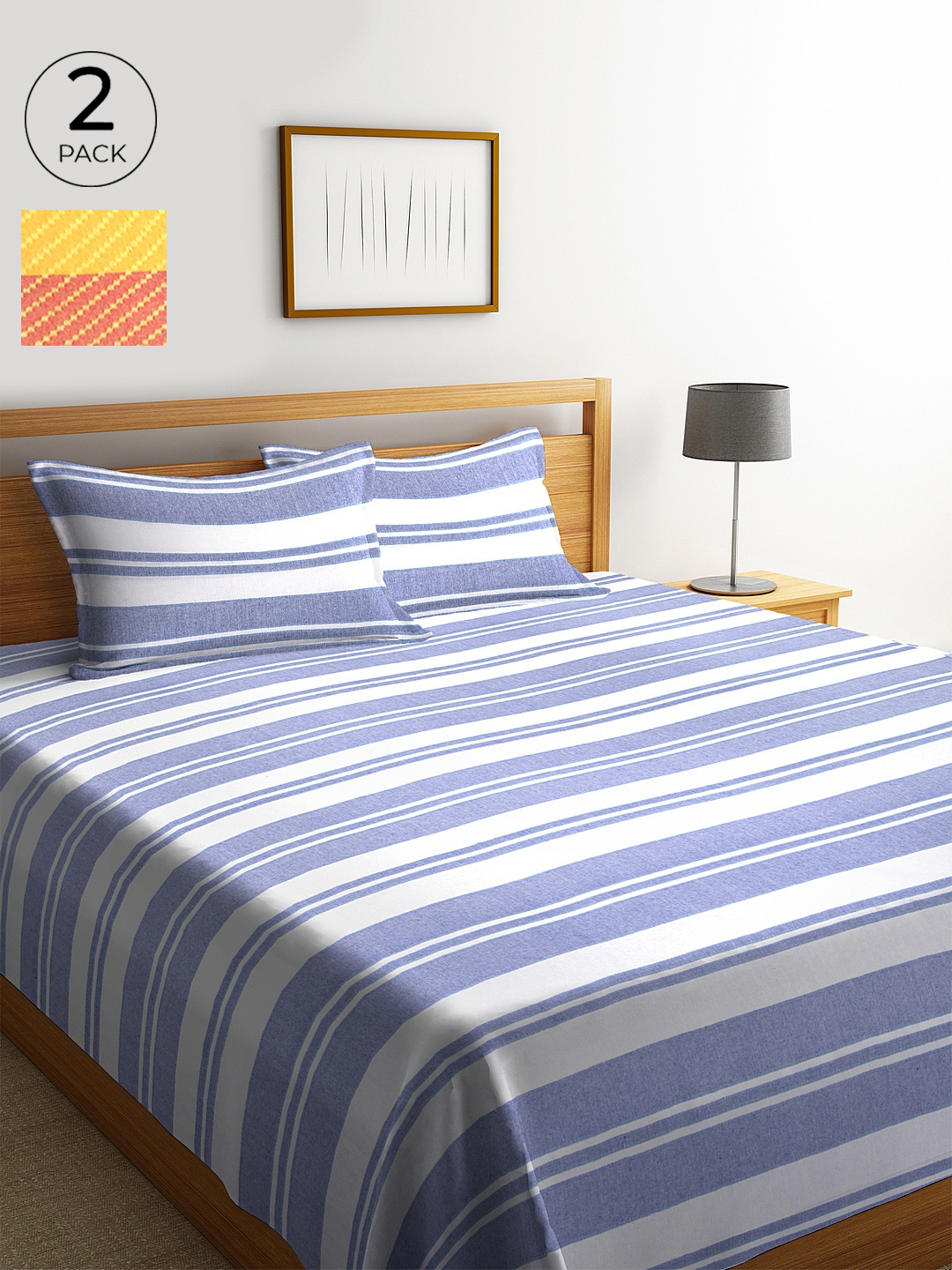 

KLOTTHE Set Of 2 Striped Double King Bed Covers With 4 Pillow Covers, Blue