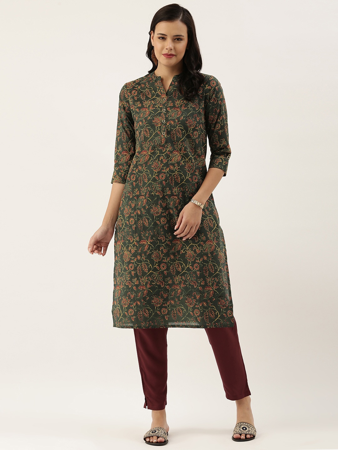 

AMUKTI Women Green & Brown Floral Printed Kurta