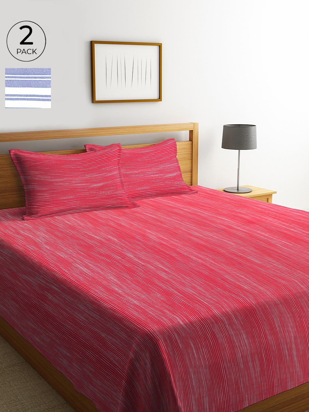 

KLOTTHE Set of 2 Blue & Red Striped Double Bed Cover with 4 Pillow Covers