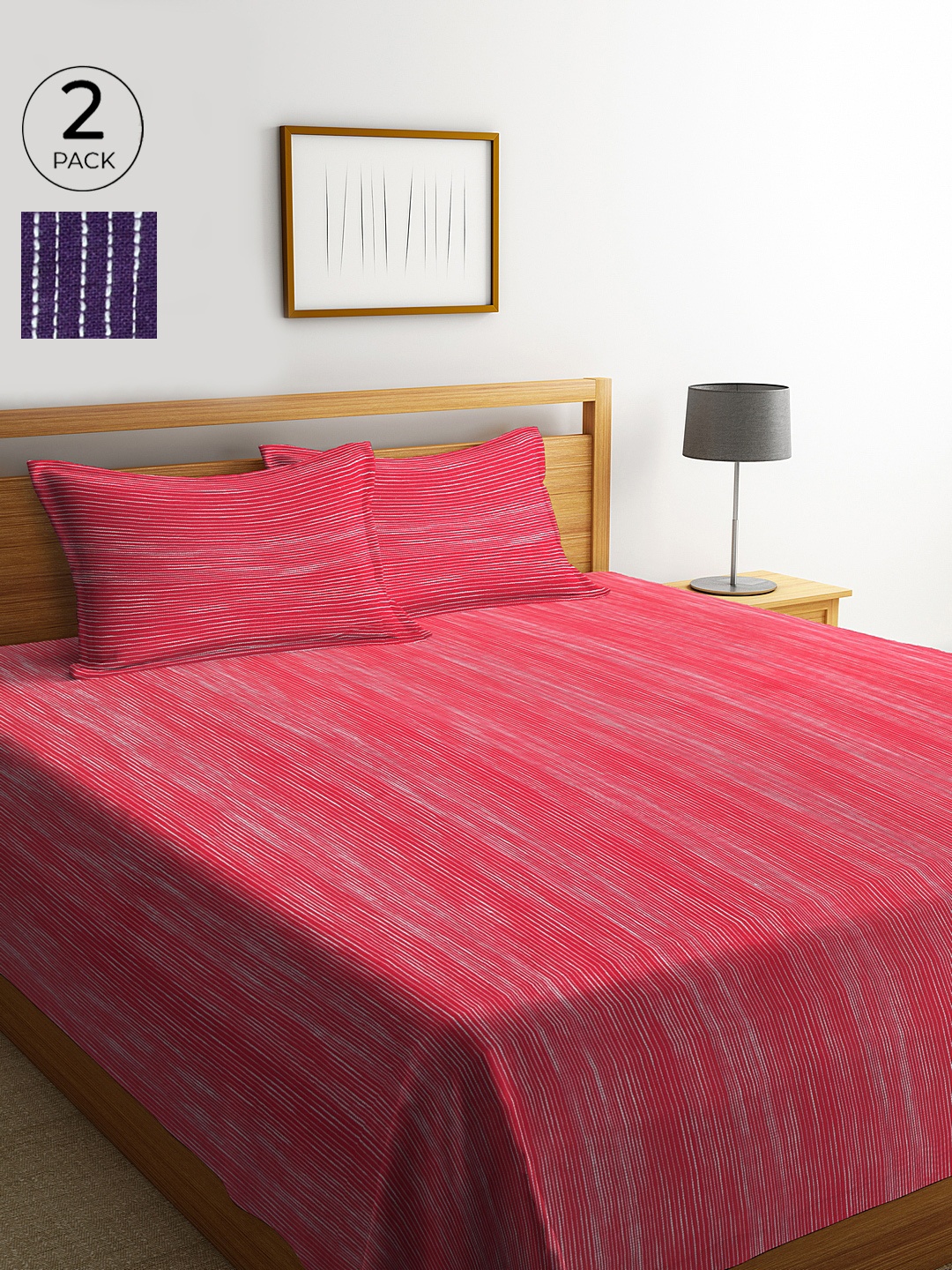 

KLOTTHE Pink & Purple Set of 2 Woven Design Double King Bed Cover with 4 Pillow Covers