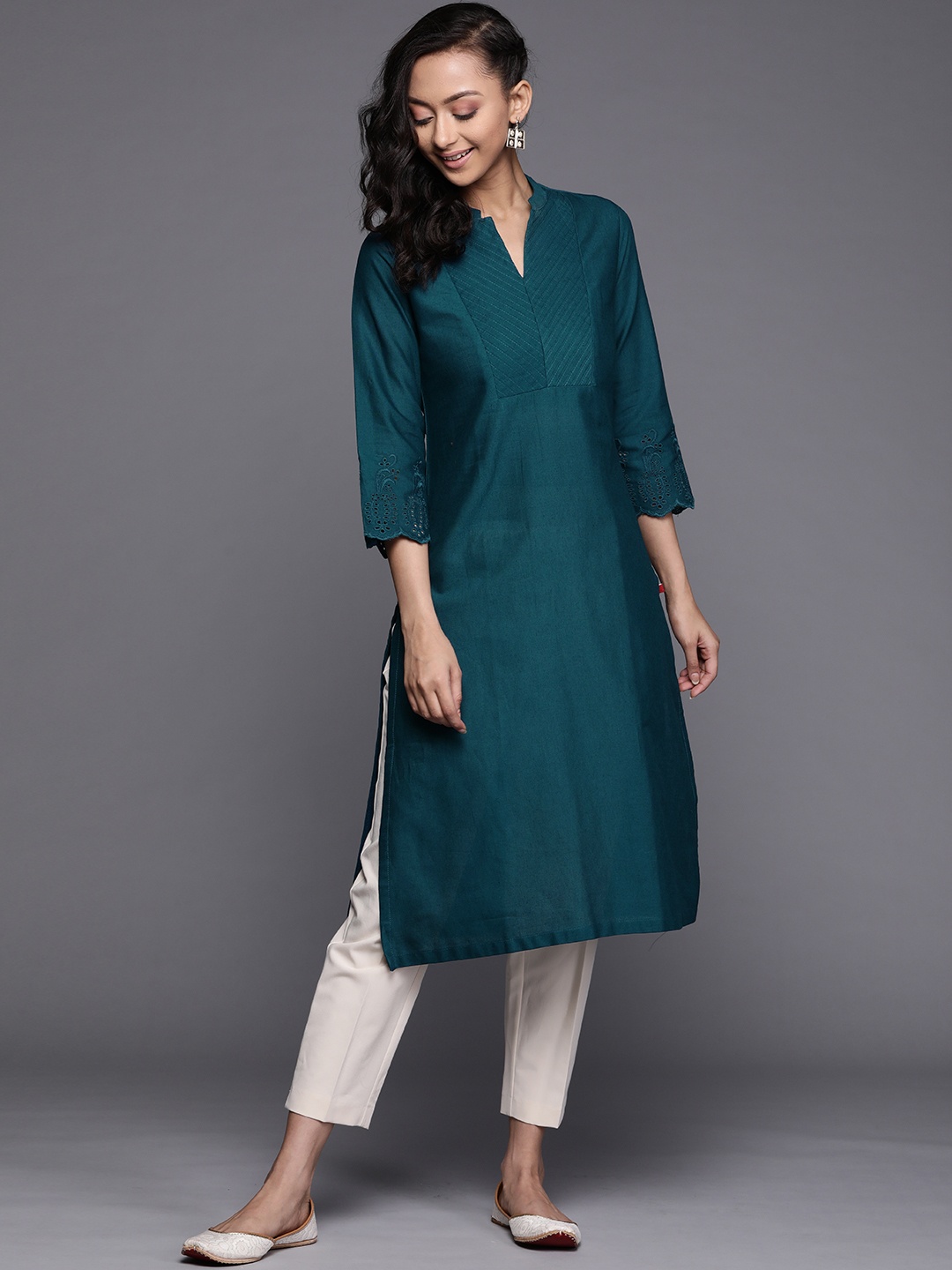 

Biba Women Teal Green Yoke Design Pleated Straight Kurta