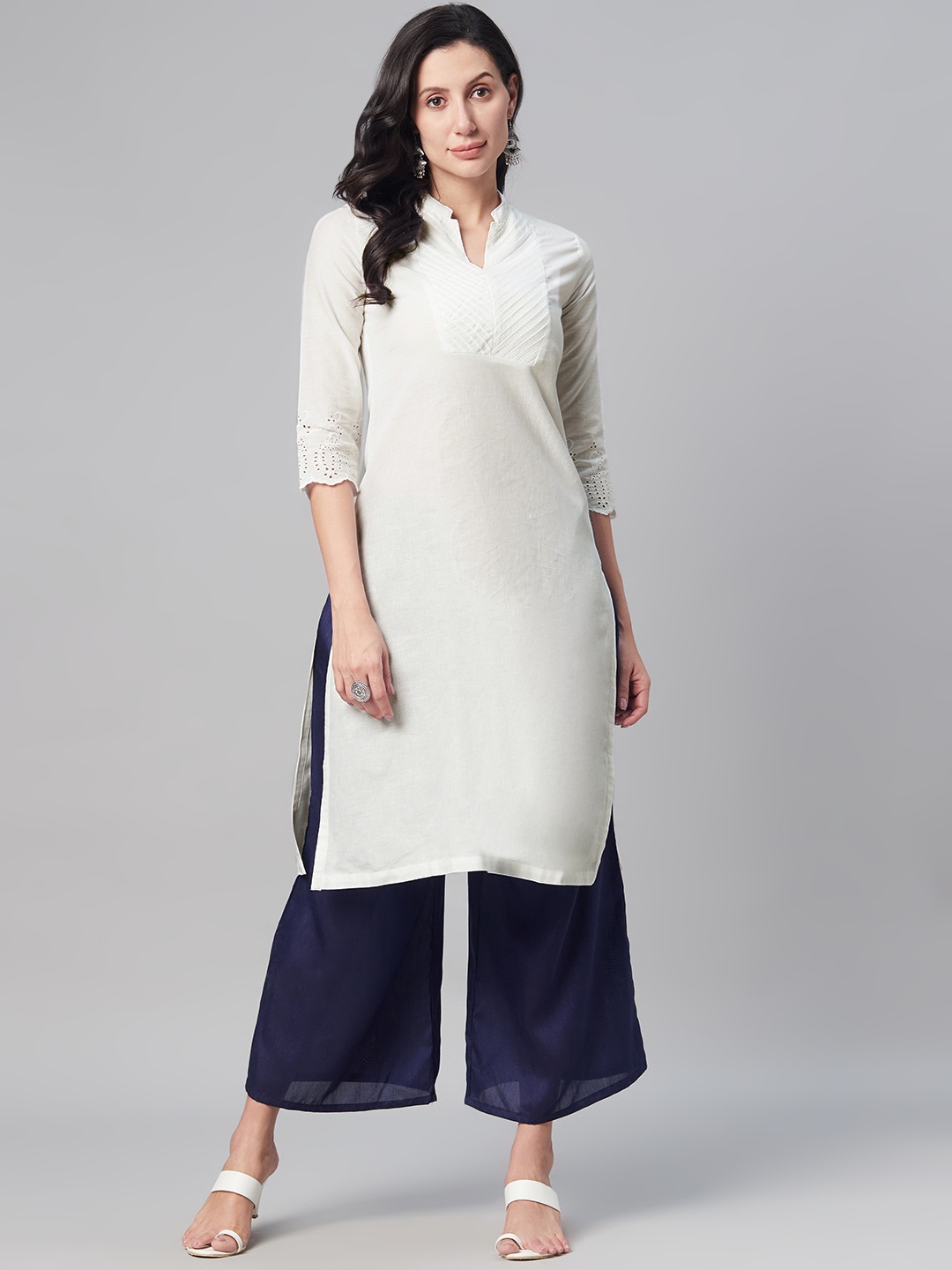 

Biba Women Off White Solid Mandarin Collar Straight Kurta with Schiffli Detail