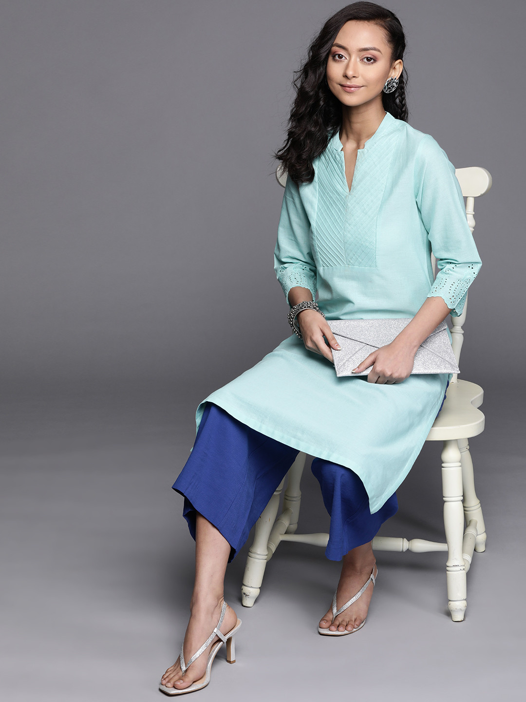 

Biba Women Green Pintucks Yoke Design Straight Kurta