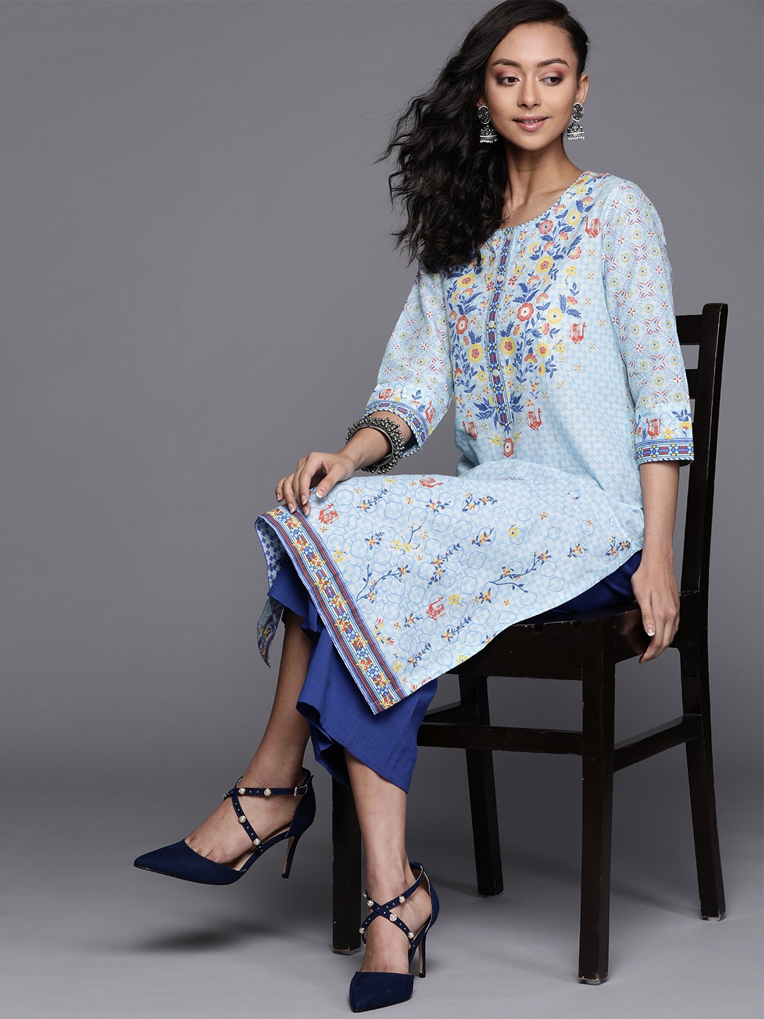 

Biba Women Blue Ethnic Motifs Printed Pure Cotton Straight Kurta