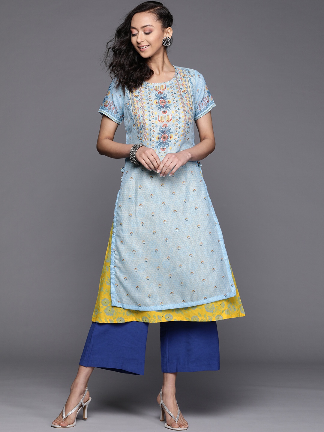 

Biba Women Blue & Yellow Ethnic Motifs Printed Sequined Kurta