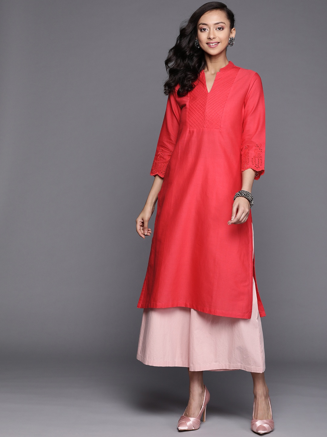 

Biba Women Coral Red Yoke Design Pleated Straight Kurta