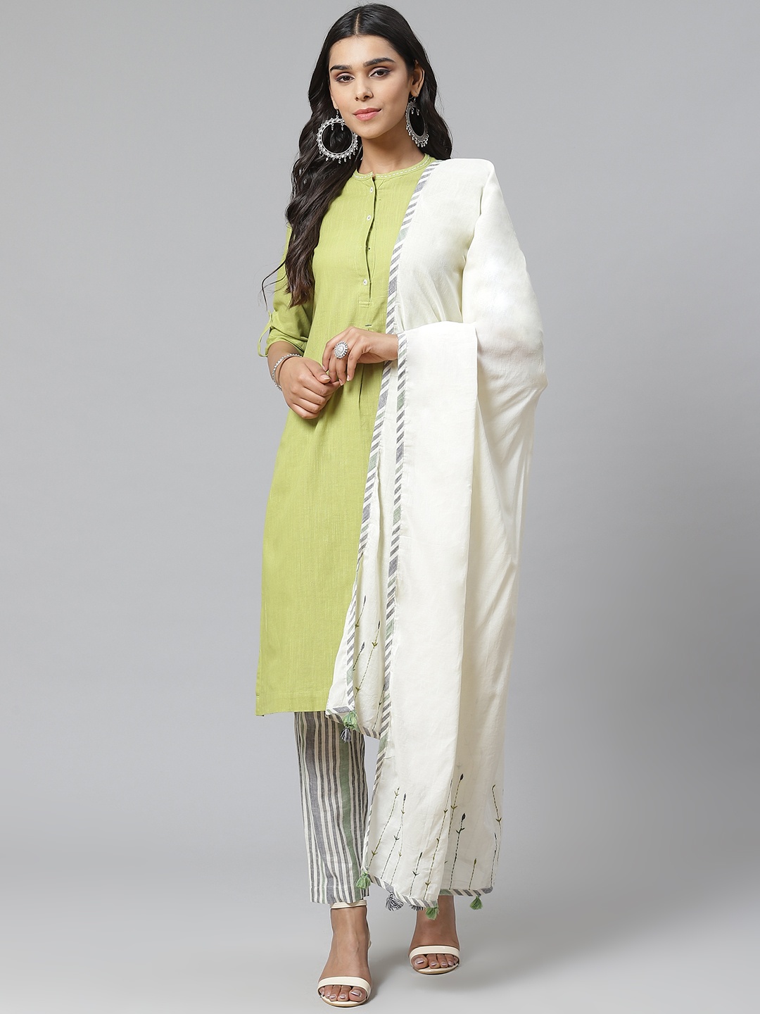 

Biba Women Green & White Solid Kurta with Trousers & Dupatta