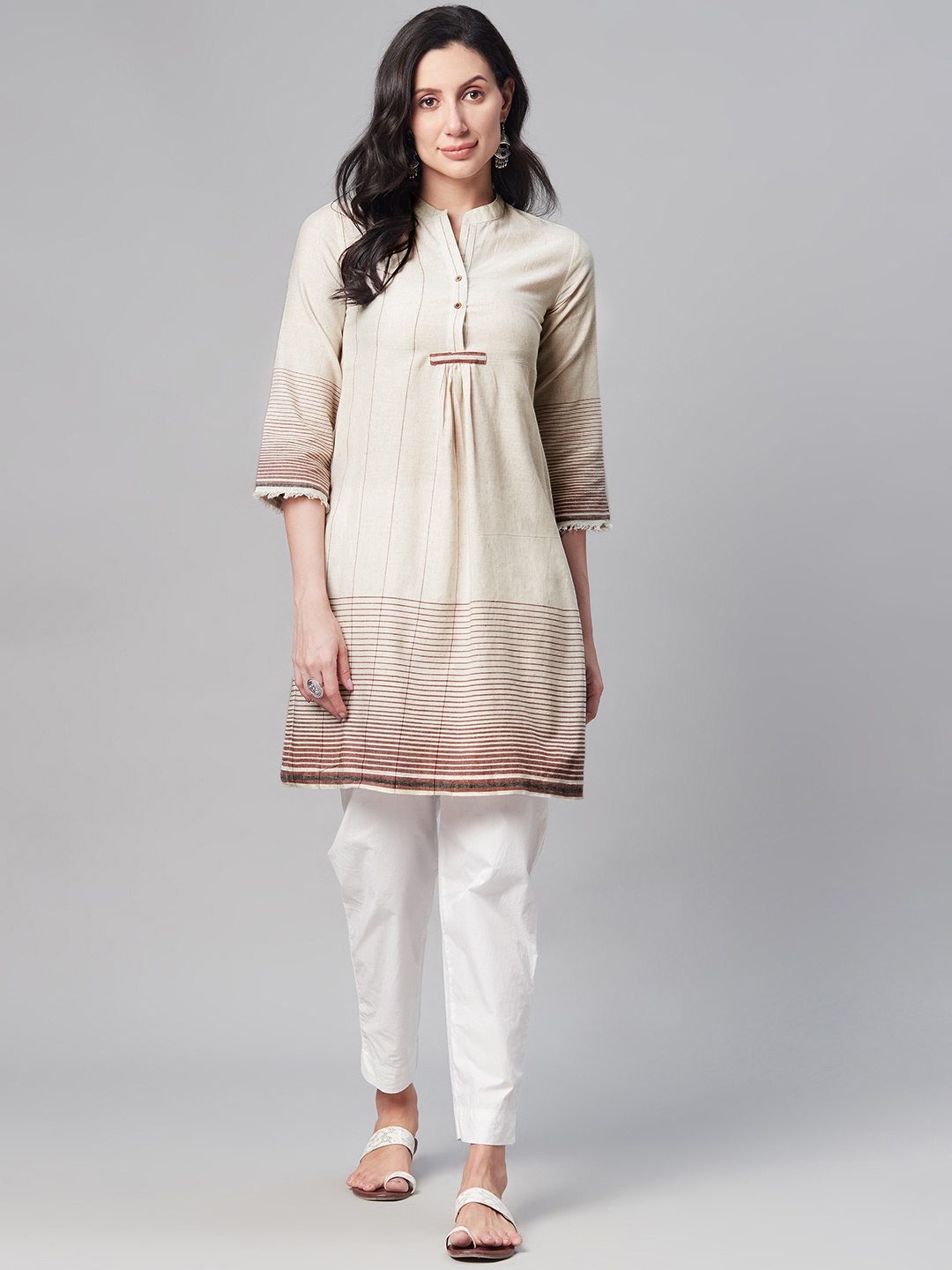 

Biba Women Off White & Brown Pure Cotton Striped Kurta