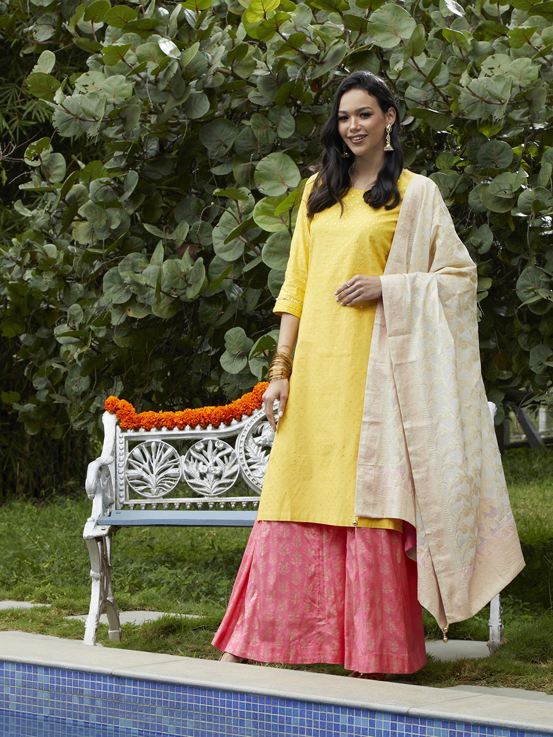 

Biba Women Yellow & Pink Self Design Kurta with Palazzos & Dupatta