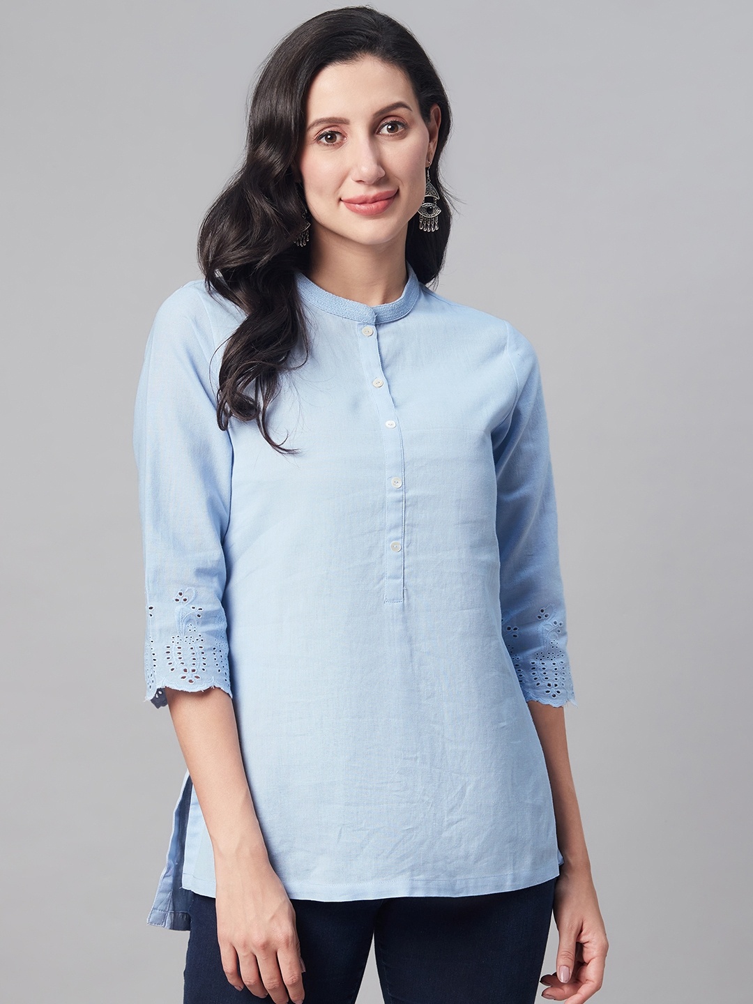 

Biba Women Blue Solid Tunic with Schiffli Work