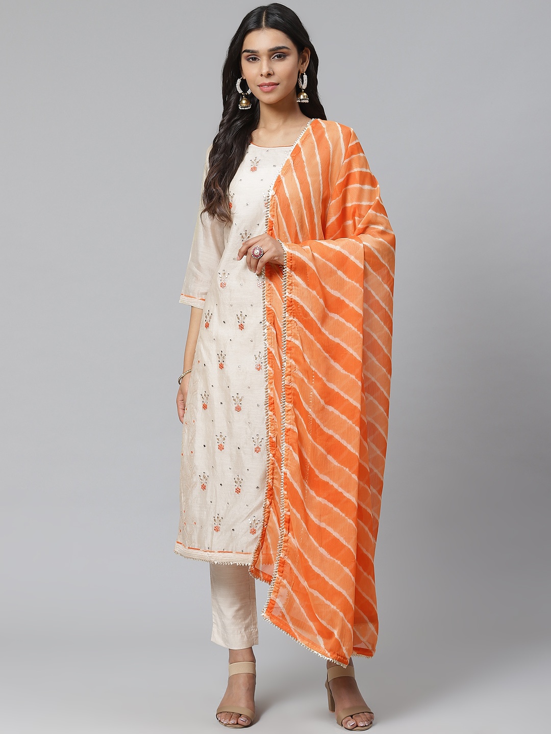 

Biba Women Beige & Orange Embroidered Kurta with Trousers & Dupatta