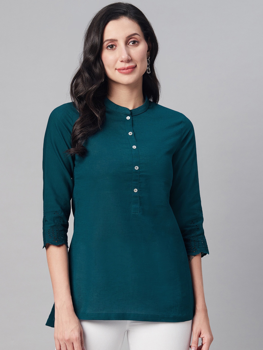 

Biba Women Teal Green Solid Pure Cotton Tunic with Schiffli Work