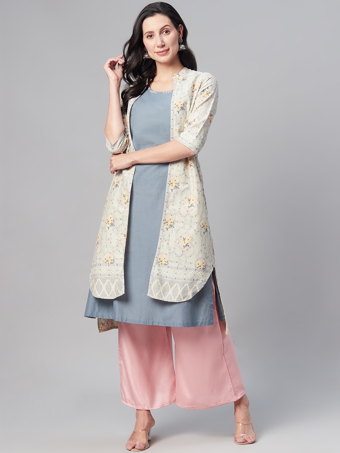 

Biba Women Blue & Yellow Solid Kurta with Ethnic Jacket