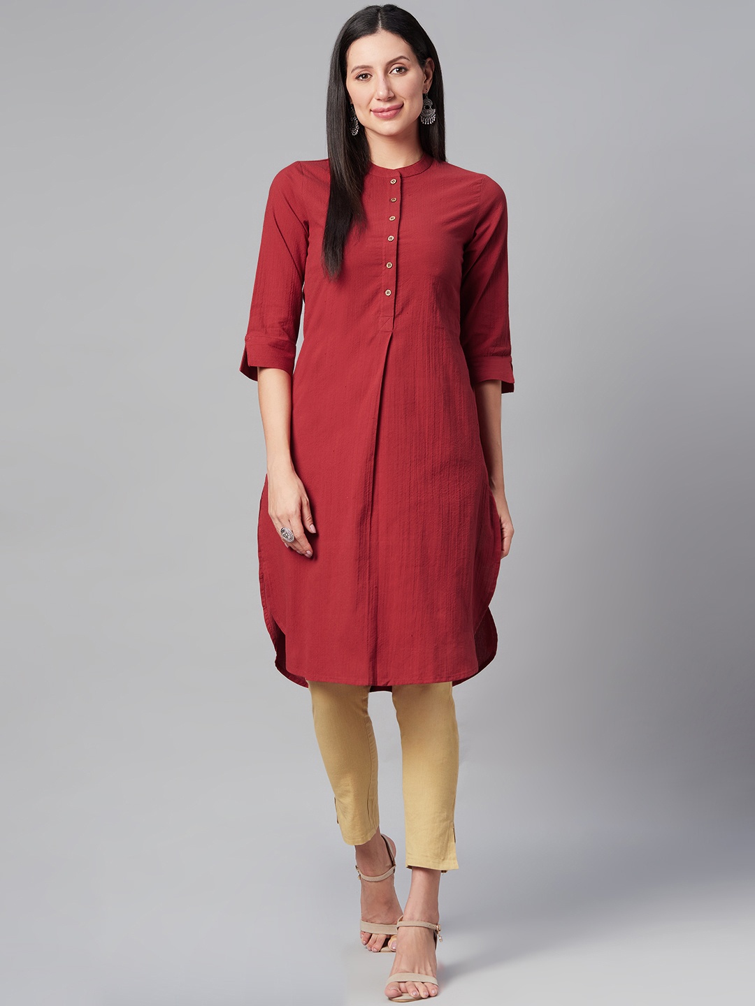 

Biba Women Maroon Pure Cotton Self-Striped Kurta