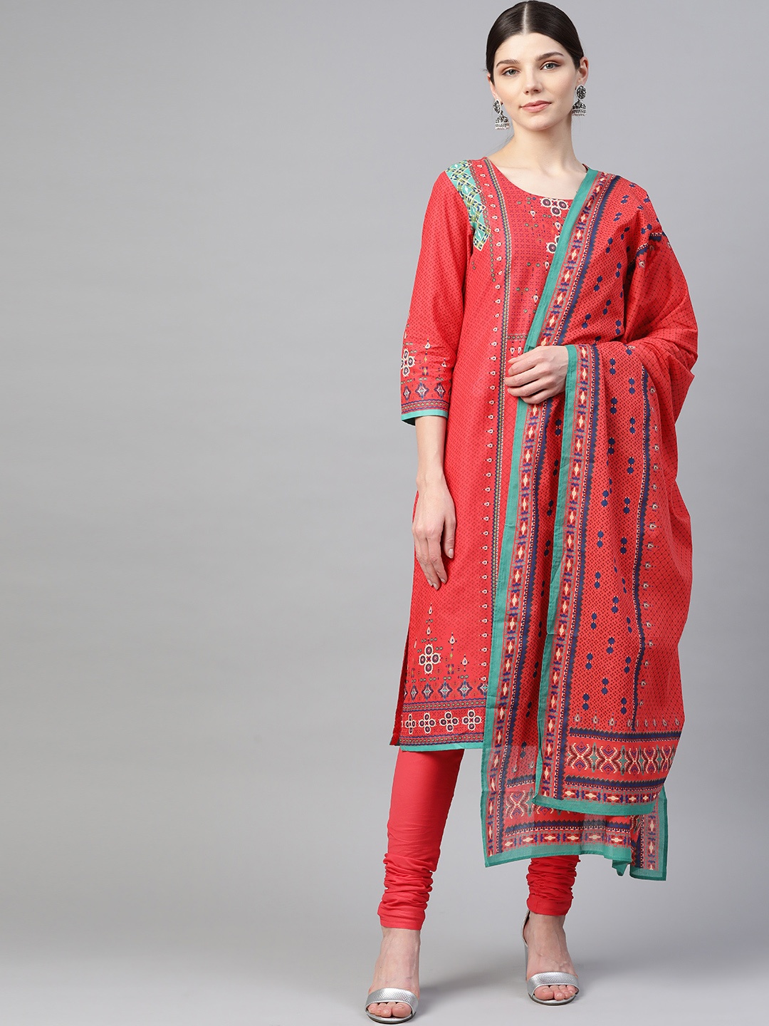 

Biba Women Red & Blue Printed Kurta with Churidar & Dupatta