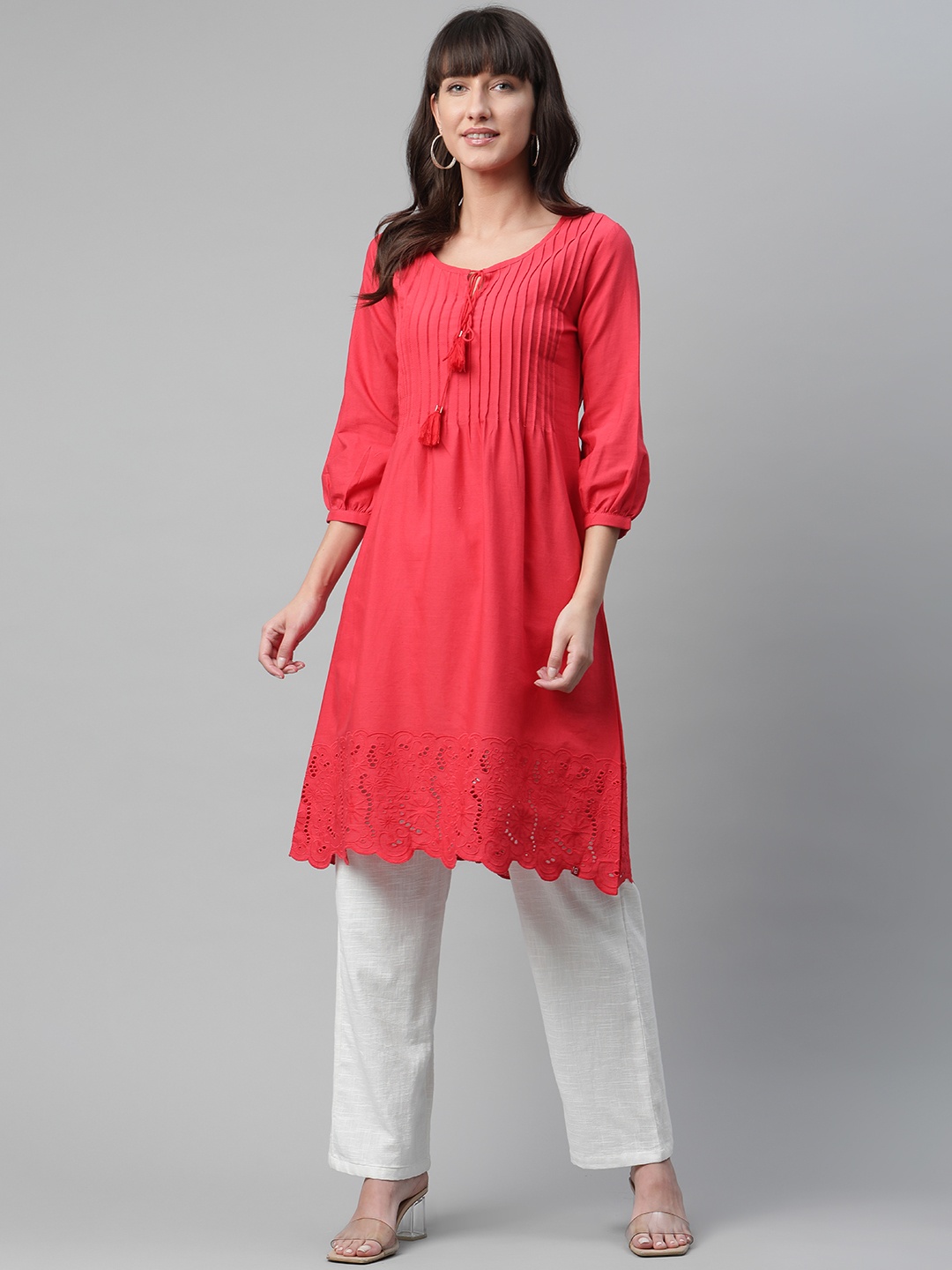 

Biba Women Red Solid A-Line Kurta With Schiffli Detailing