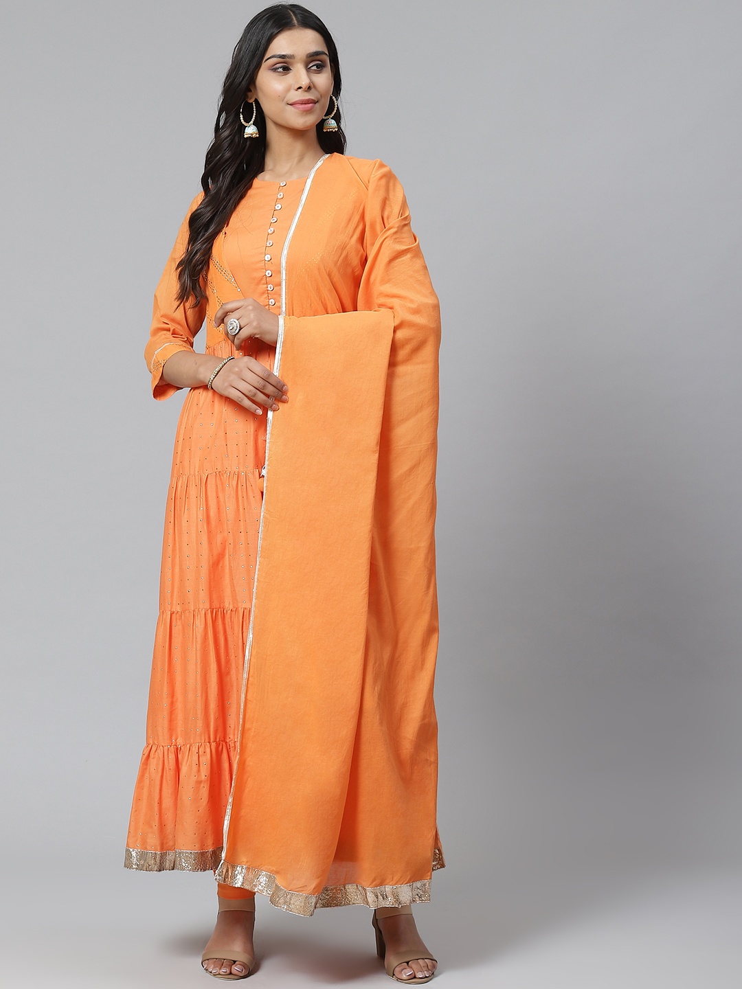 

Biba Women Orange & Golden Embellished Tiered Anarkali Kurta with Churidar & Dupatta