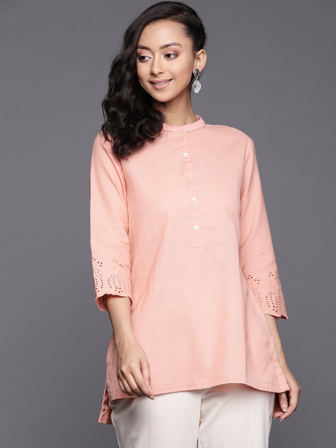 

Biba Women Peach-Colored Solid High-Low Hem Kurti