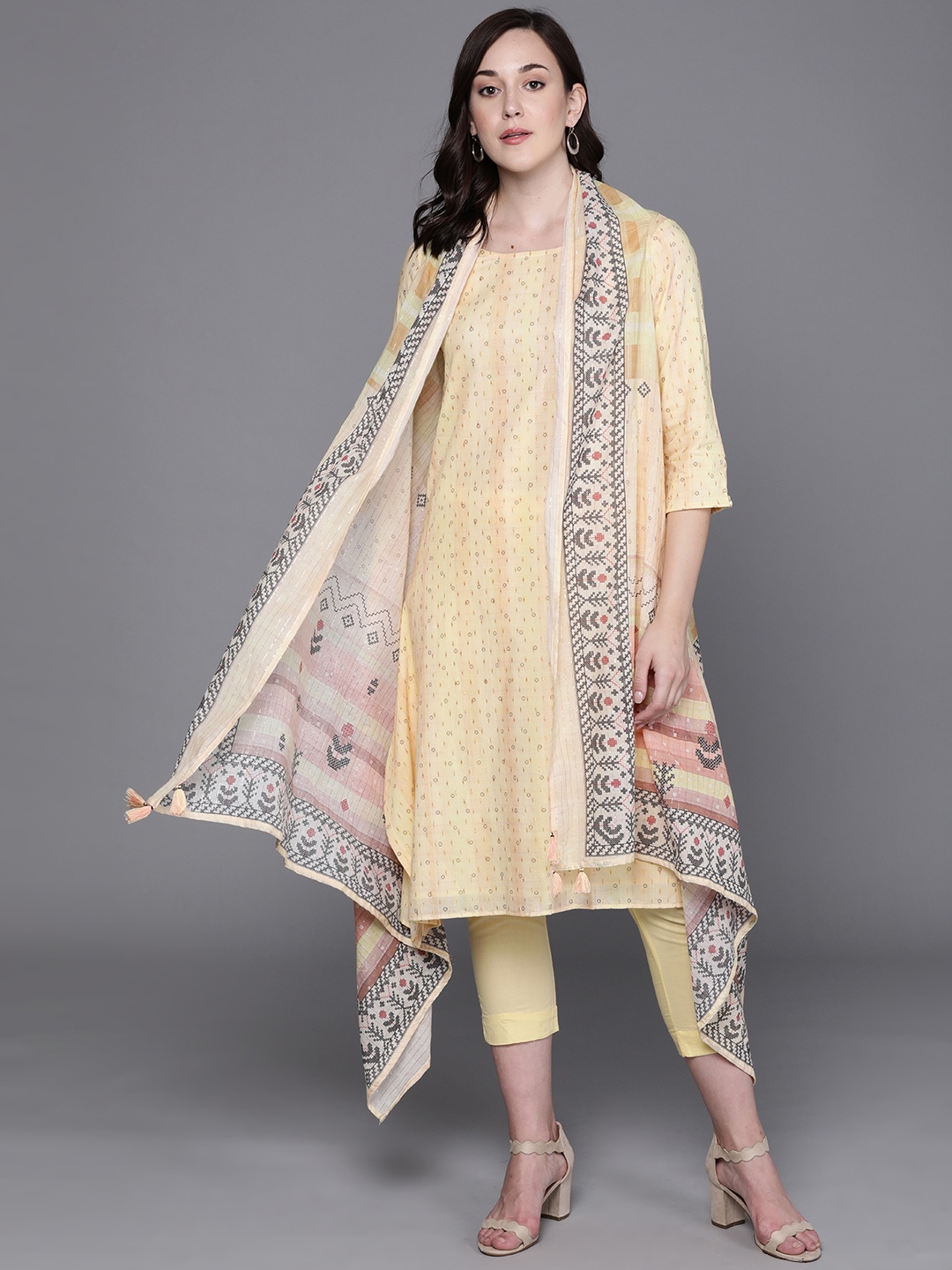

Biba Women Yellow & Golden Printed Pure Cotton Kurta with Trousers