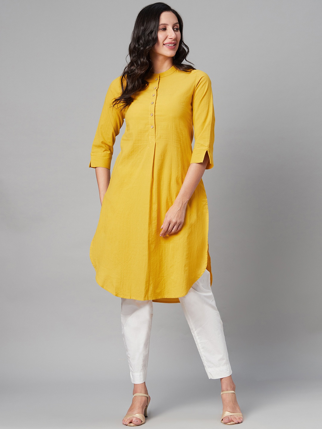 

Biba Women Mustard Yellow Seersucker Stripes Band Collar Curved Hem A-Line Kurta