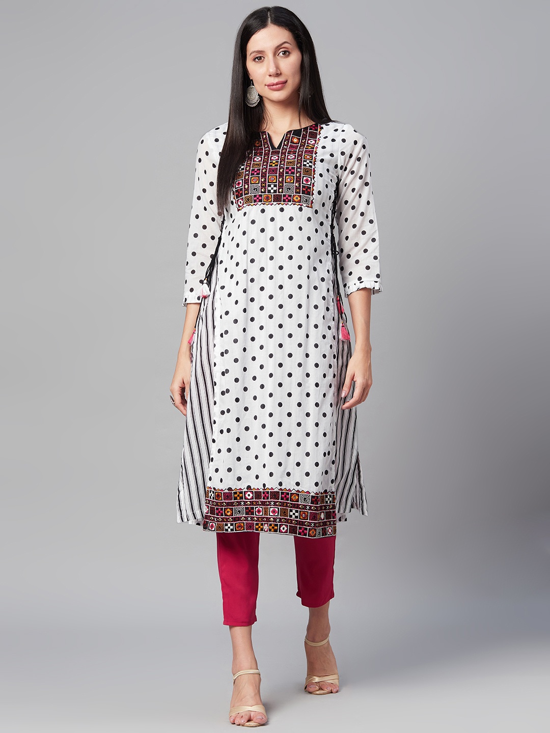 

Biba Women Off White & Black Printed Thread Work Kurta