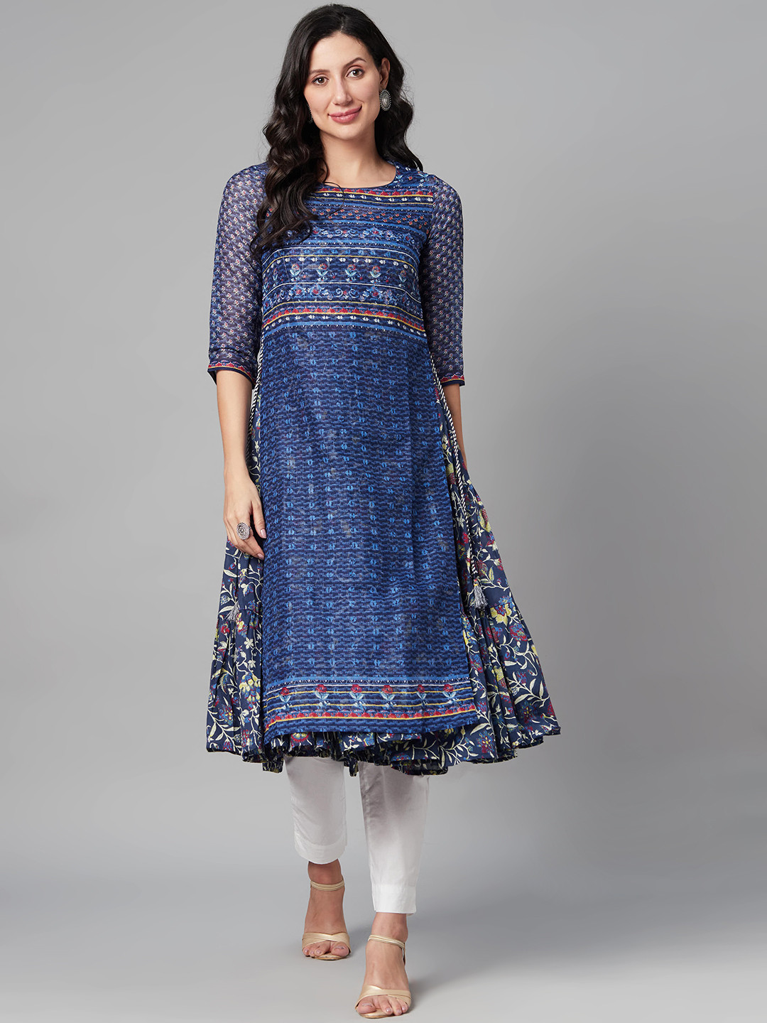 

Biba Women Blue & Red Layered Ethnic Motifs Printed Kurta