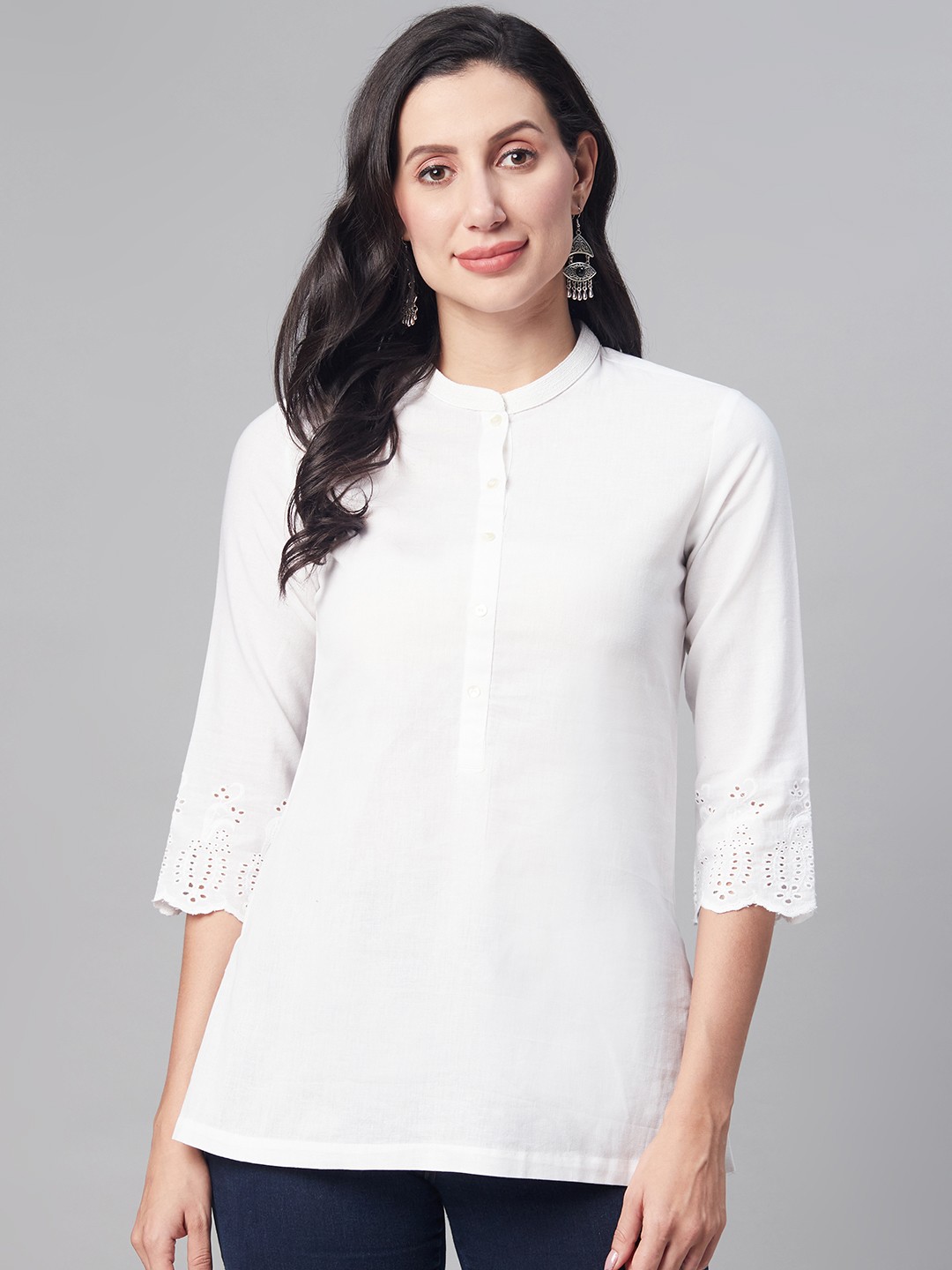 

Biba Women White Solid Tunic with Schiffli Work