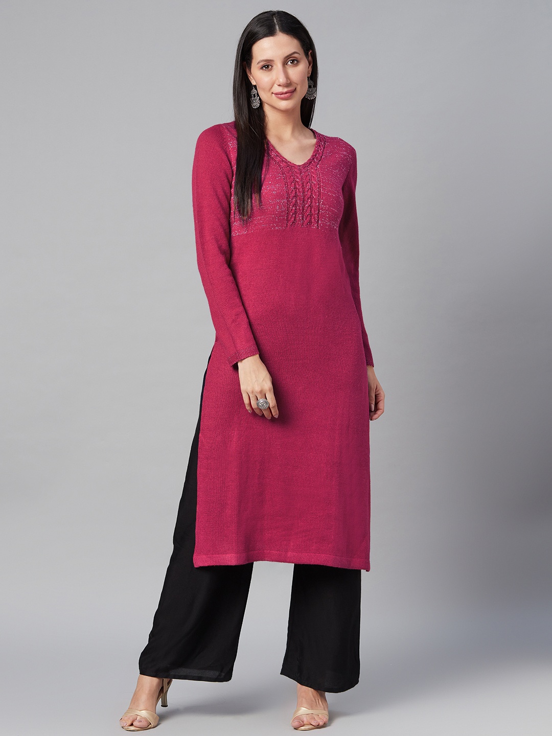 

Biba Women Magenta Yoke Design Winter Kurta