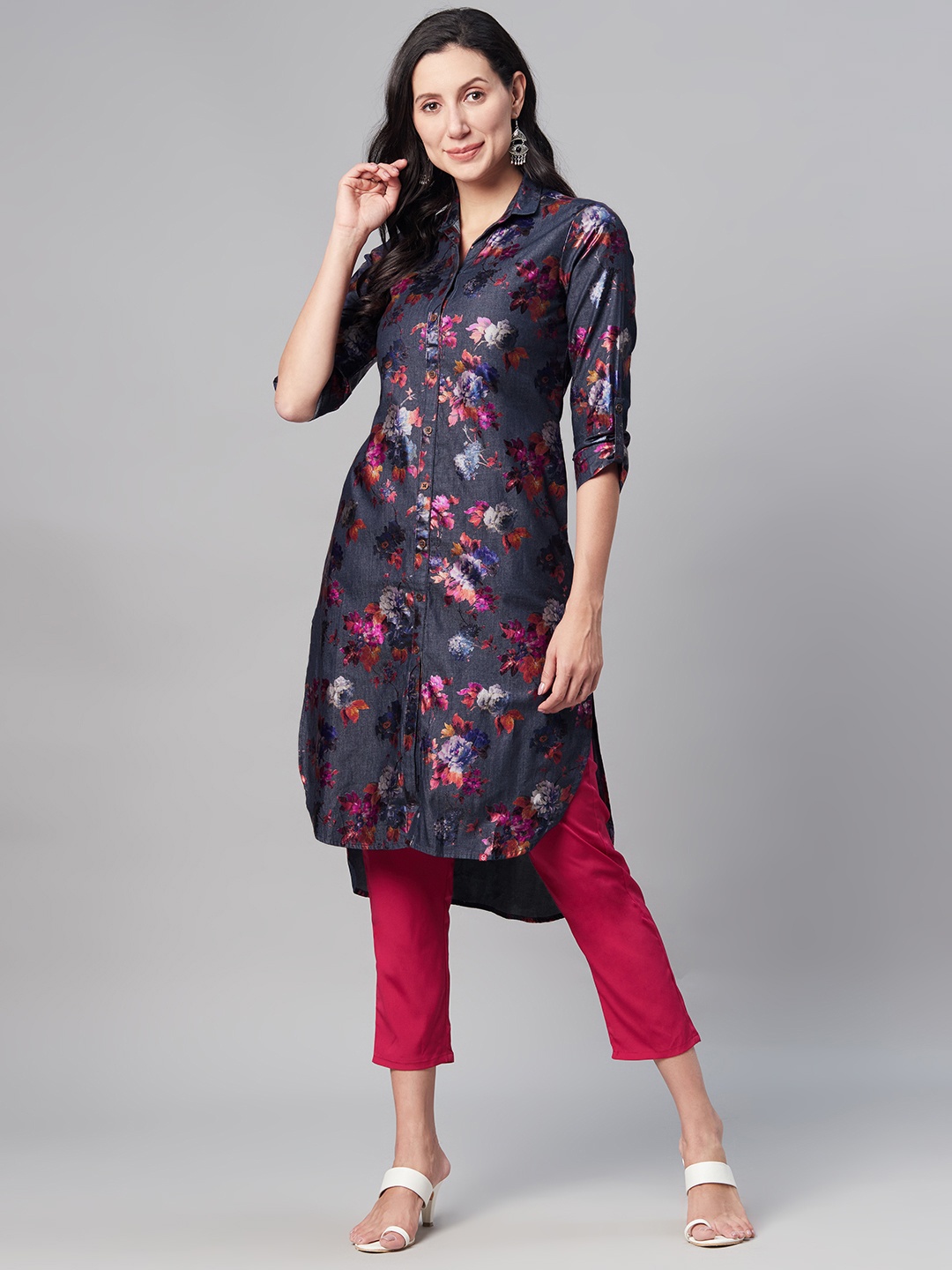 

Biba Women Navy Blue & Pink Floral Printed Kurta