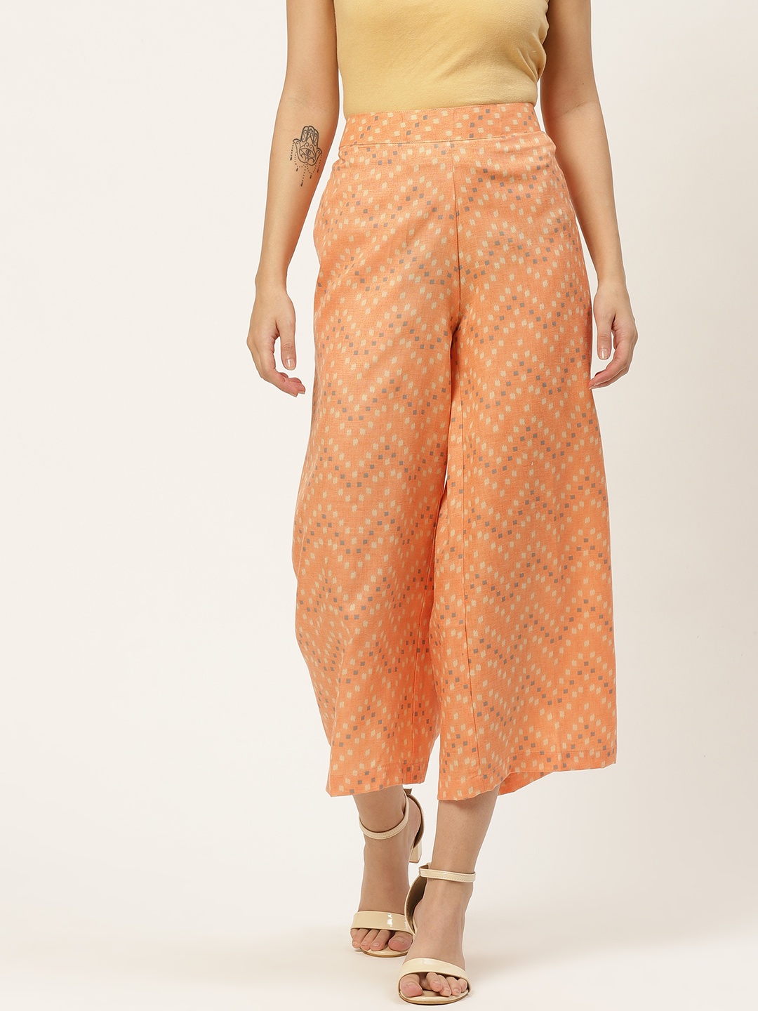 

Anouk Women Peach-Coloured & Beige Chevron Print Cropped Ethnic Palazzos