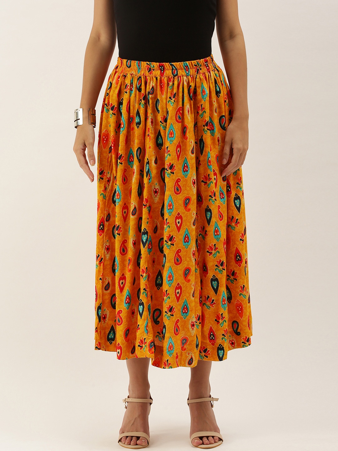 

Anouk Women Yellow Printed Flared Midi Skirt