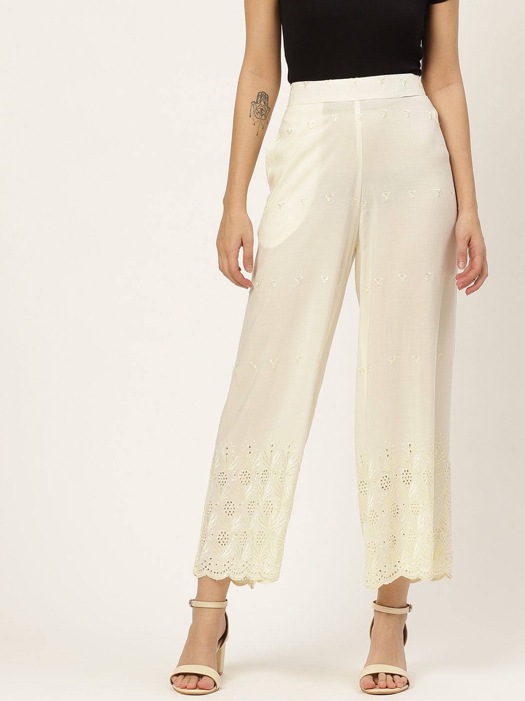 

Anouk Women Off White Ethnic Motifs Embroidered Schiffli Palazzos