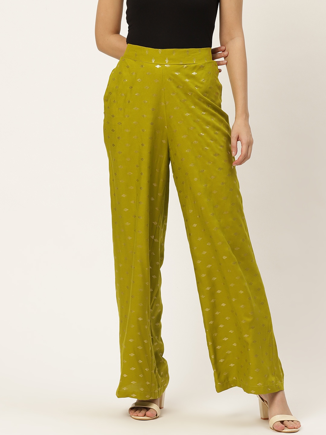 

Anouk Women Olive Green & Golden Geometric Print Ethnic Palazzos