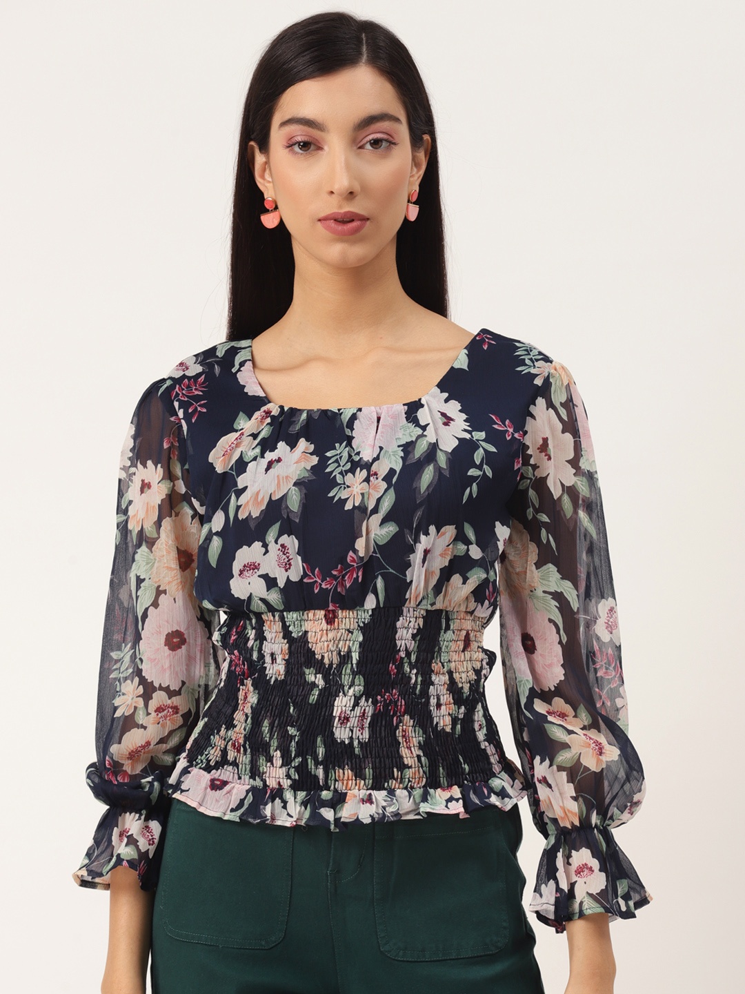 

Trend Arrest Navy Blue & Green Floral Printed Puff Sleeves Smocked Cinched Waist Top
