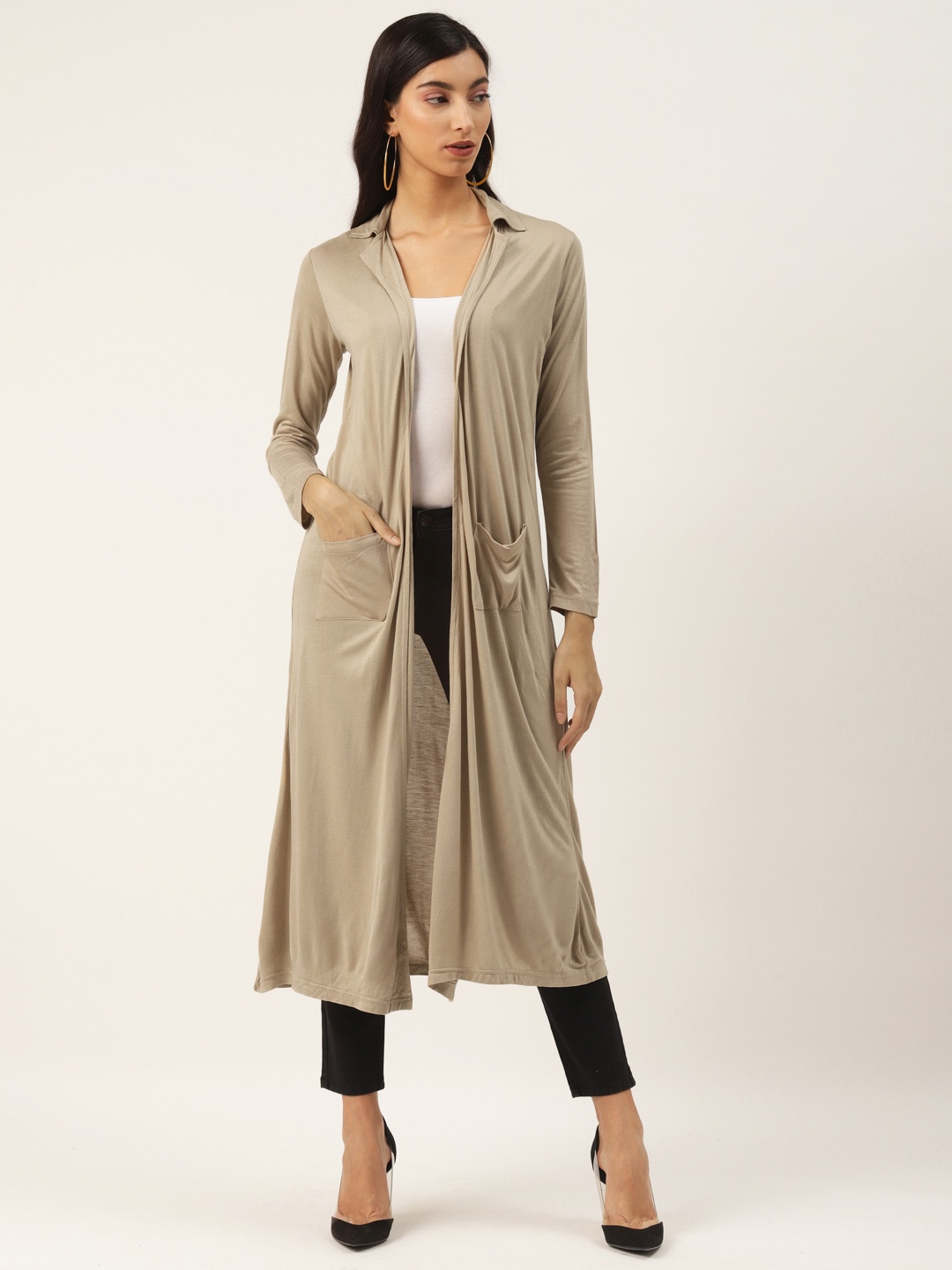 

Trend Arrest Women Beige Solid Open Front Longline Shrug