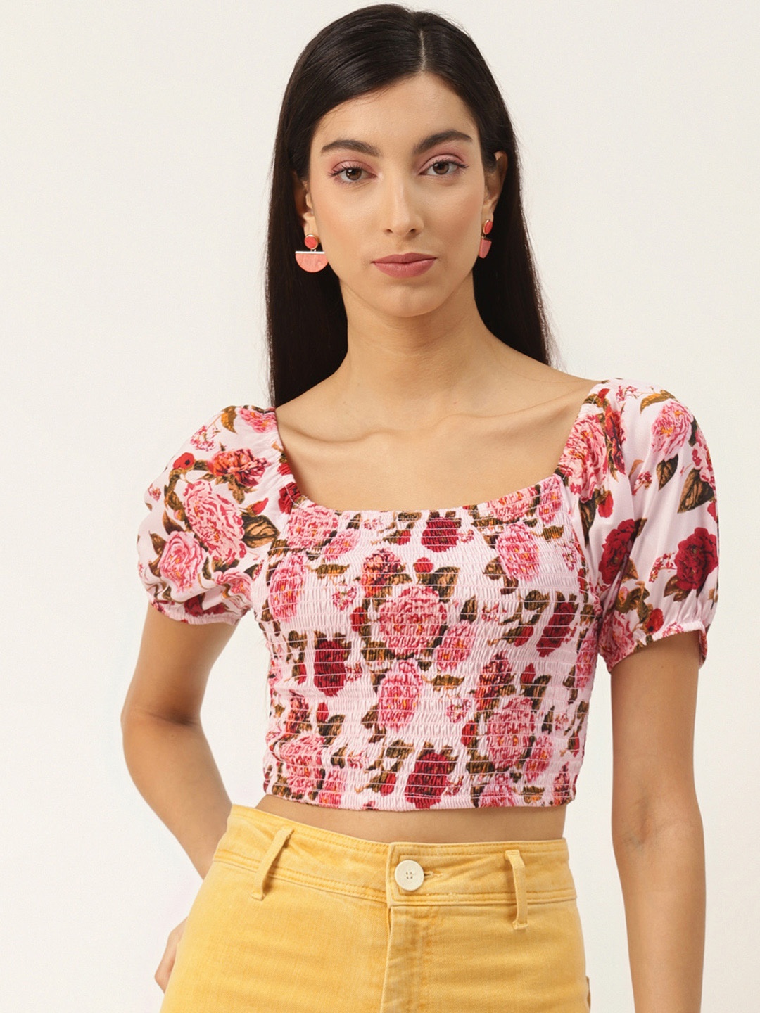 

Trend Arrest Women Pink & Red Floral Print Smocking Fitted Crop Top