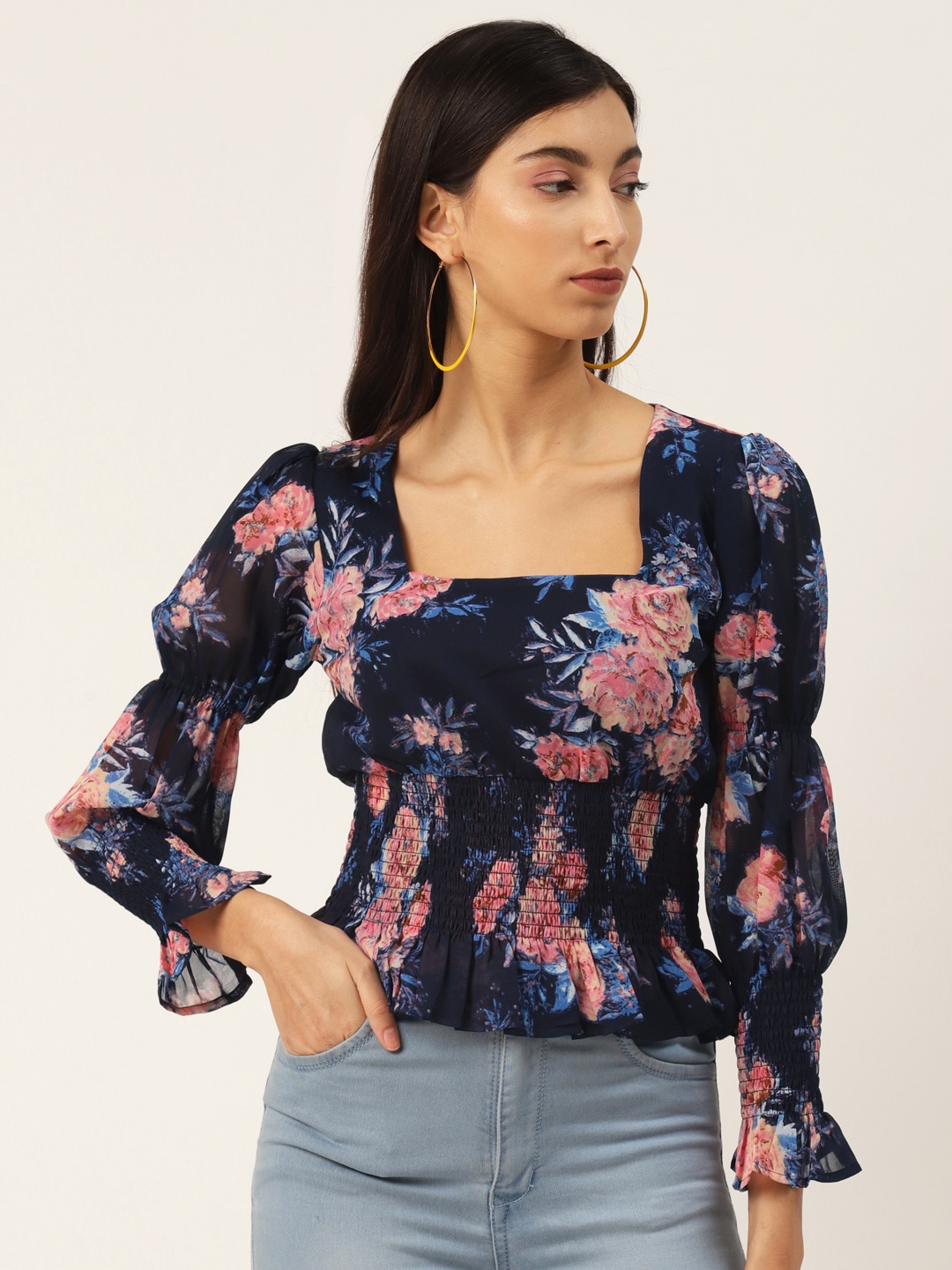 

Trend Arrest Women Navy Blue & Pink Floral Print Puff Sleeves Cinched Waist Top