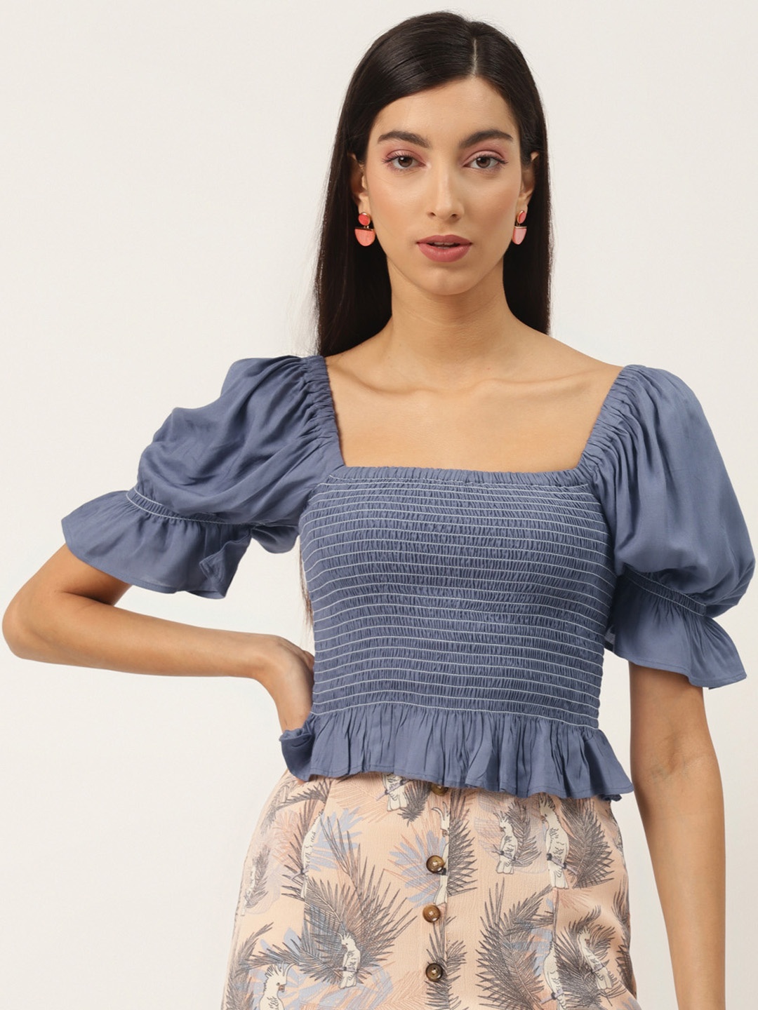 

Trend Arrest Women Grey Puff Sleeves Smocked Peplum Top