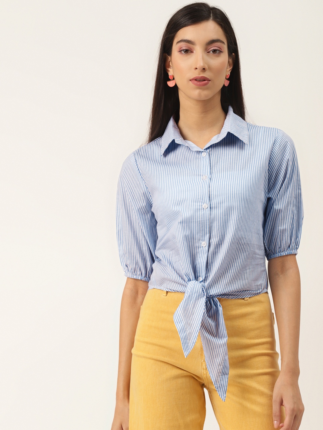 

Trend Arrest Women Blue & White Regular Fit Striped Casual Shirt