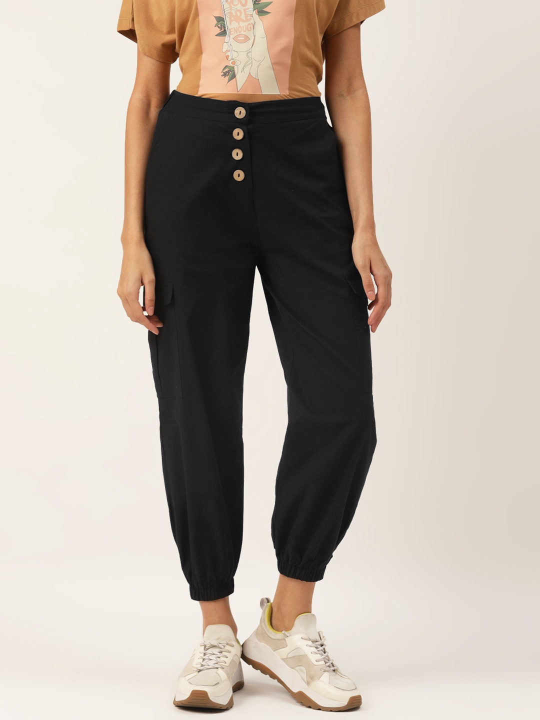 

Trend Arrest Women Black Cotton Loose Fit Solid Cargo Joggers