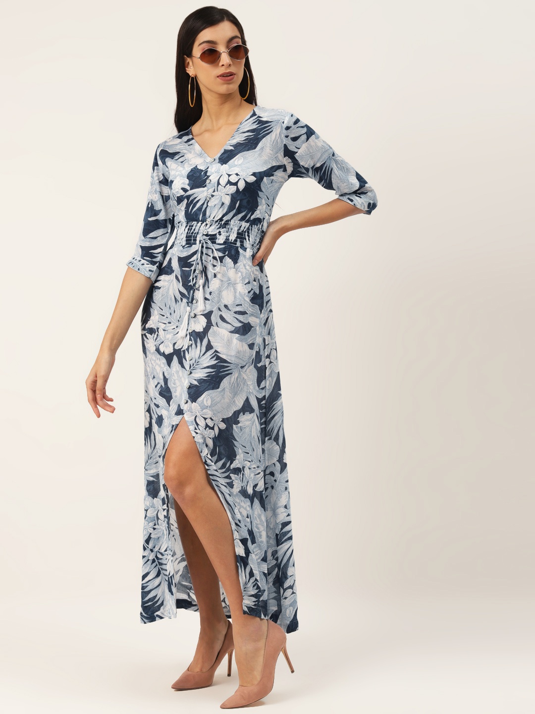 

Trend Arrest Women Blue & White Floral Printed Maxi Dress With Smock Detail